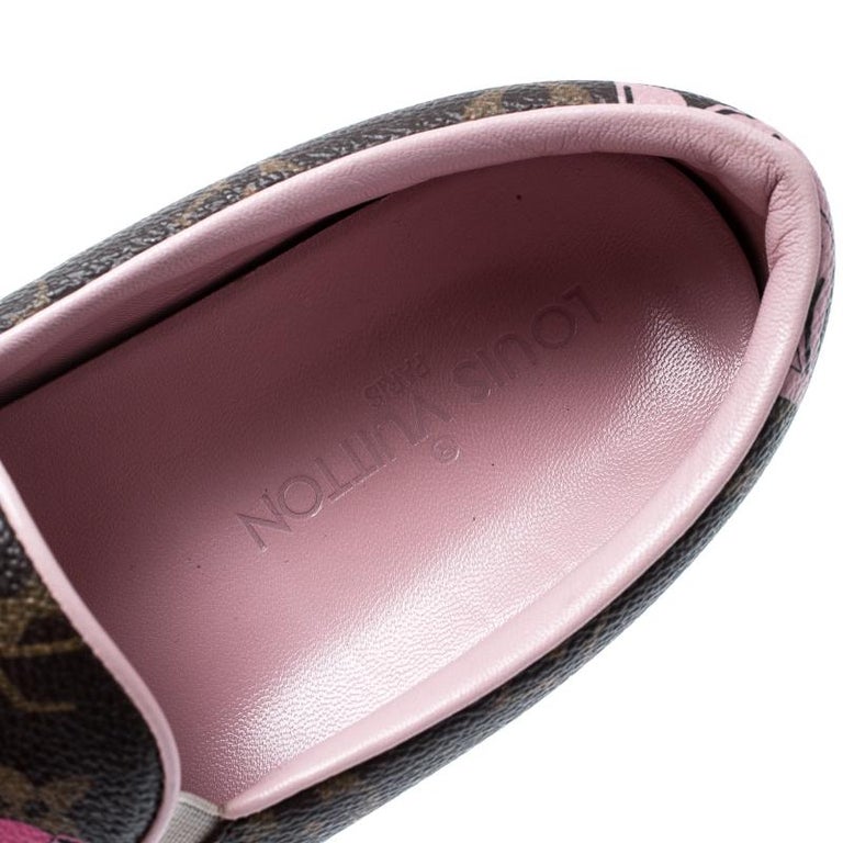 Size 8.5 Louis Vuitton Slip On Brown Monogram Sneakers With Red And Pink  Accent