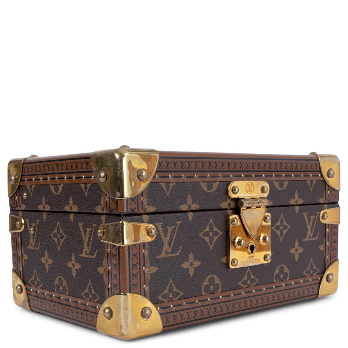 100% authentic Louis Vuitton Coffret Trésor 24 treasure case in Ebene brown Monogram canvas. Features hard shell, logo stamped leather trim with brass rivets and corner reinforcements. Closes with a brass lock on the front. Lined in cream microfiber