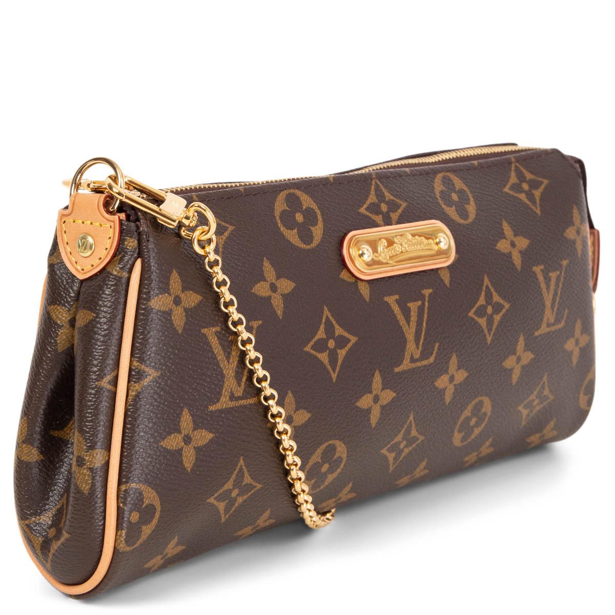 100% authentic Louis Vuitton Eva Monogram Canvas Clutch Bag in brown and camel featuring Vachetta leather trimming and gold-tone metal chain shoulder-strap. Leather shoulder-strap is missing. Has been carried and is in excellent condition. Comes