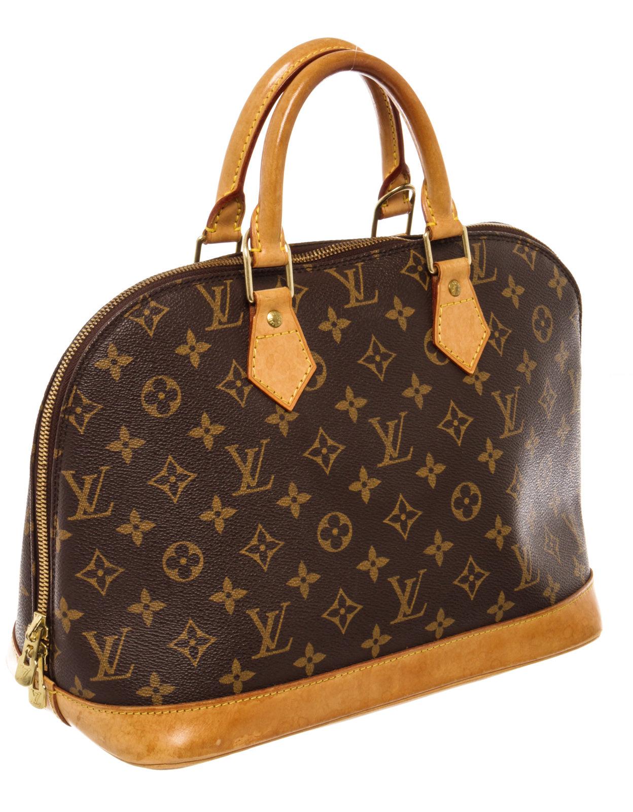 Brown and tan monogram coated canvas Louis Vuitton Alma PM with gold-tone hardware, tan vachetta leather trim, dual rolled top handles, brown canvas lining, single pocket at interior wall and zip closure at top.

 

66454MSC