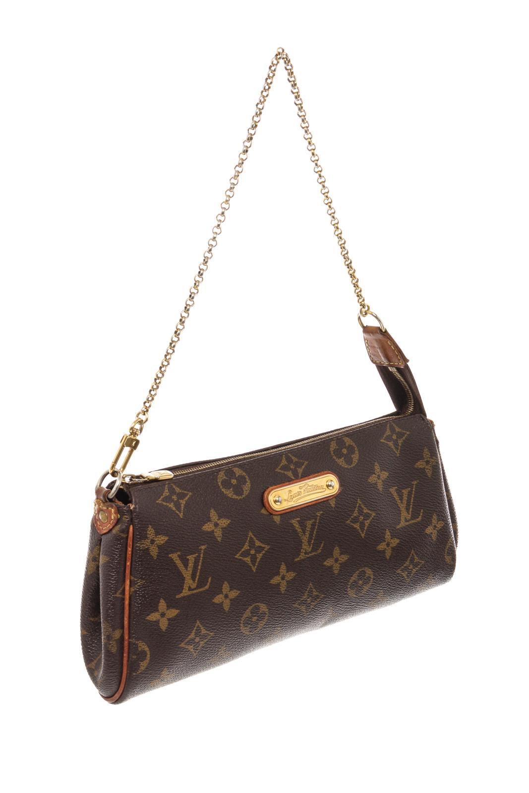 Louis Vuitton Eva Pochette Umhängetasche aus braunem und hellbraunem Canvas mit Monogrammen, goldfarbenen Beschlägen, hellbraunem Vachetta-Lederbesatz, abnehmbarem, flachem Schulterriemen, abnehmbarem Kettenhenkel, braunem gewebtem Futter und