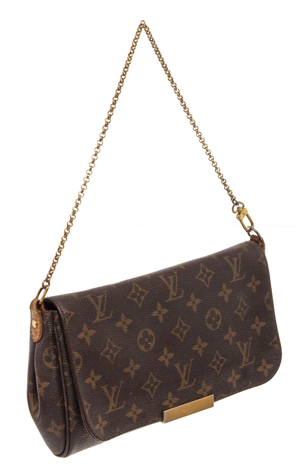 Brown and tan monogram coated canvas Louis Vuitton Favorite MM with gold-tone hardware, detachable flat leather shoulder strap, single top handle with chain-link accent, single flat shoulder strap, burgundy canvas lining, single slit pocket at