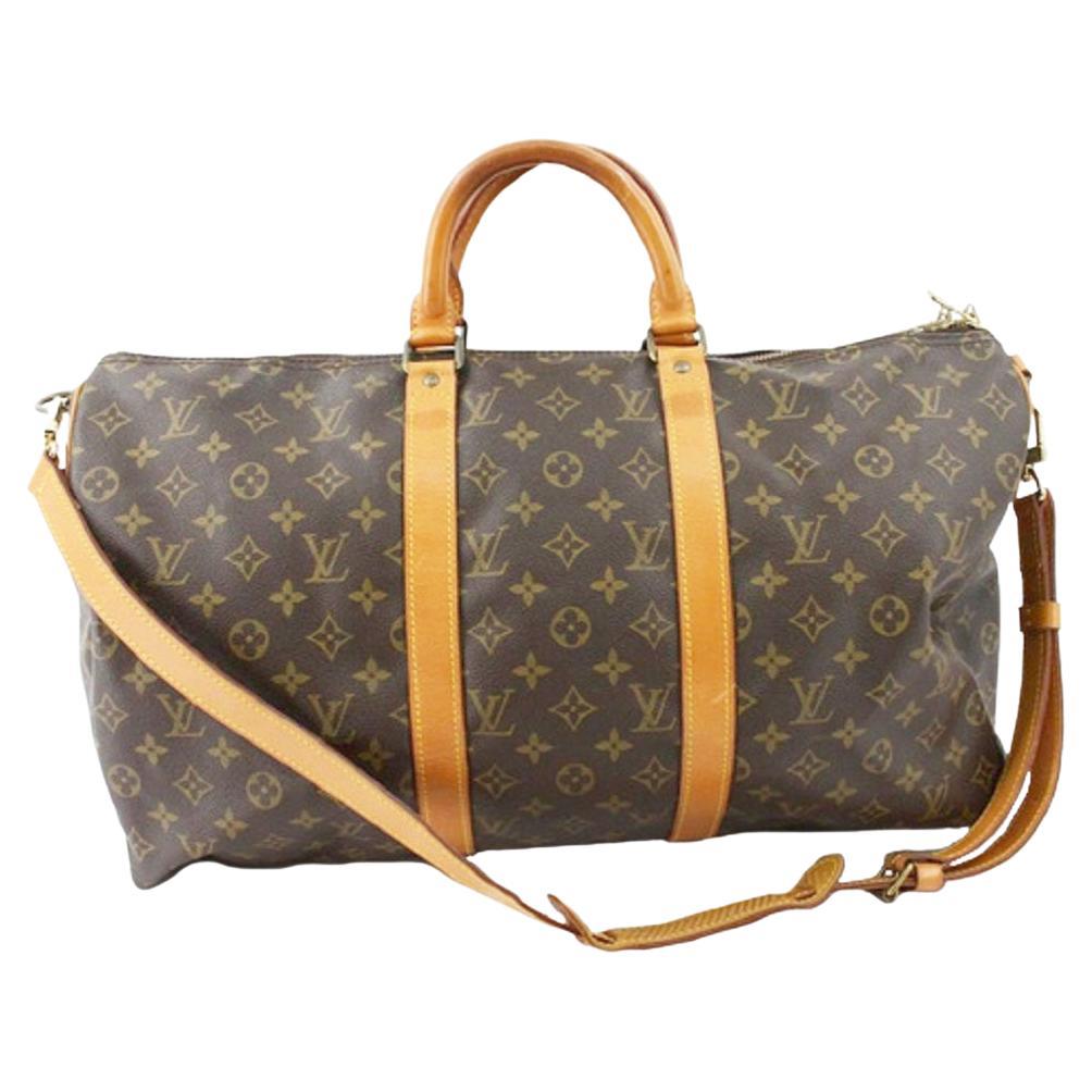 Louis Vuitton Brown Monogram Canvas Leather Keepall 50 cm Bandouliere Duffle Bag For Sale