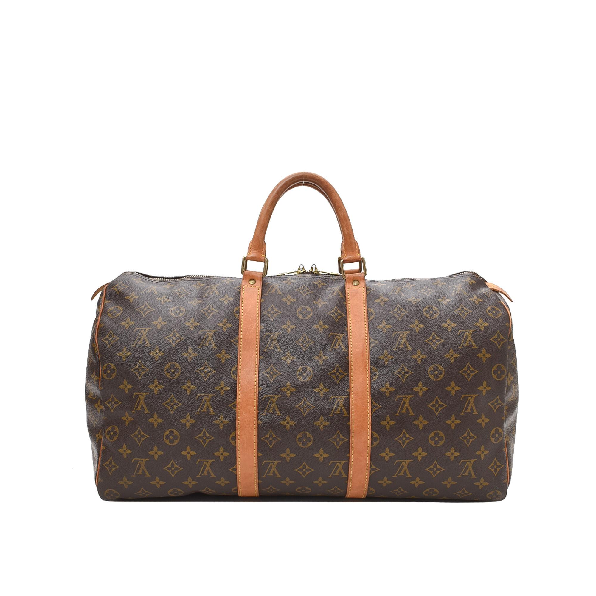 Louis Vuitton Brown Monogram Canvas Leather Keepall 50 cm Duffle Bag Luggage In Good Condition In Irvine, CA