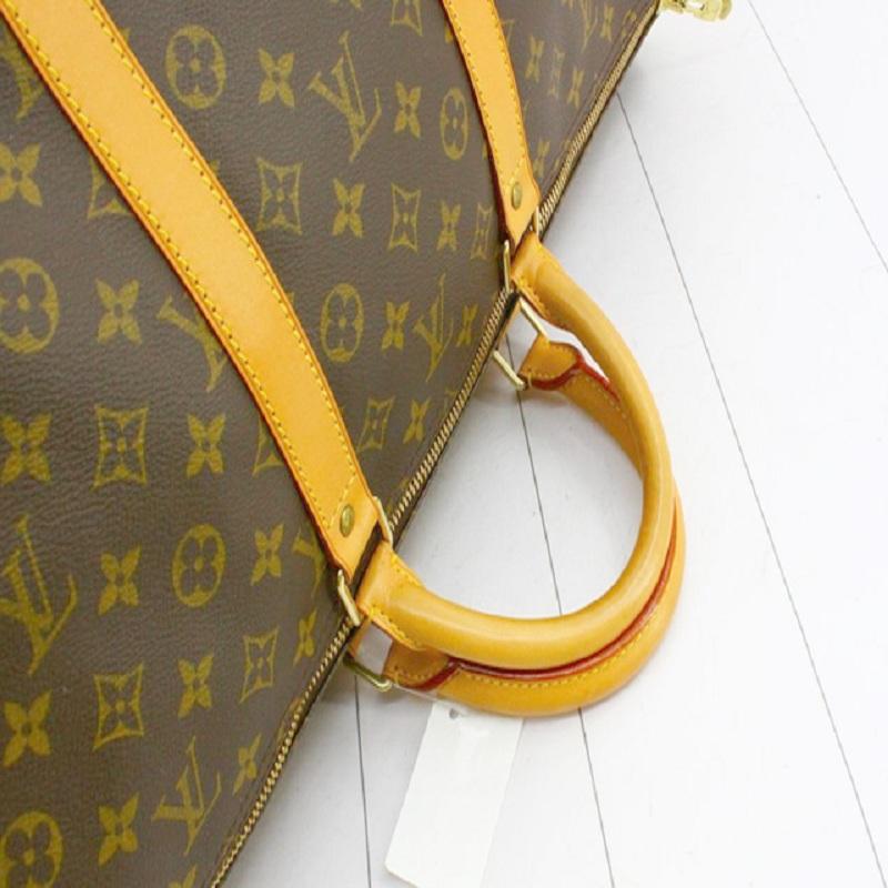 Louis Vuitton Brown Monogram Canvas Leather Keepall 55 cm Duffle Bag Luggage In Good Condition For Sale In Irvine, CA