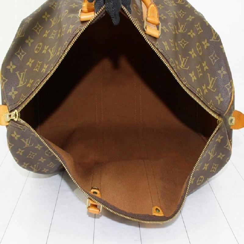 Louis Vuitton Brown Monogram Canvas Leather Keepall 55 cm Duffle Bag Luggage For Sale 2