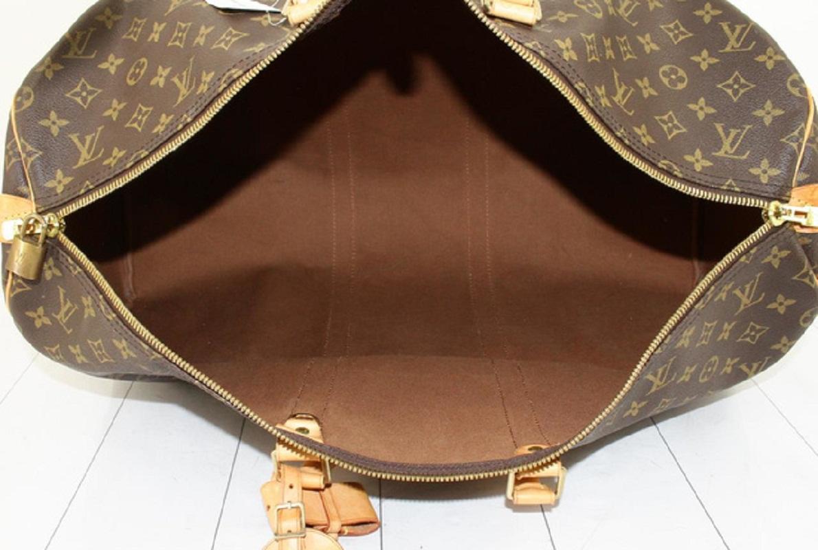Louis Vuitton Brown Monogram Canvas Leather Keepall 55 cm Duffle Bag Luggage For Sale 4