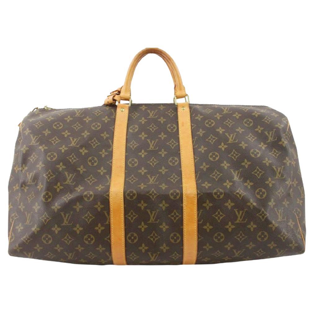Louis Vuitton Brown Monogram Canvas Leather Keepall 55 cm Duffle Bag Luggage For Sale