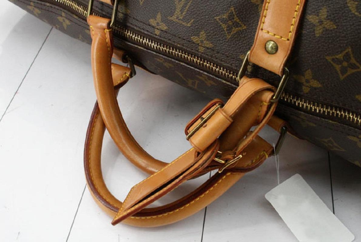 Black Louis Vuitton Brown Monogram Canvas Leather Keepall 60 cm Duffle Bag Luggage For Sale