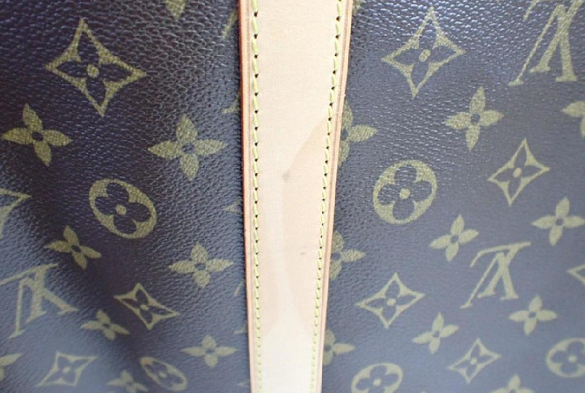 Gray Louis Vuitton Brown Monogram Canvas Leather Keepall 60 cm Duffle Bag Luggage For Sale