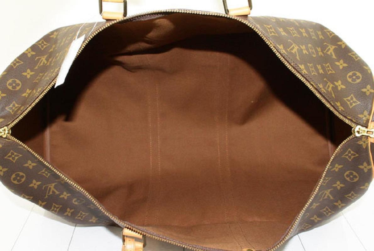 Women's Louis Vuitton Brown Monogram Canvas Leather Keepall 60 cm Duffle Bag Luggage For Sale