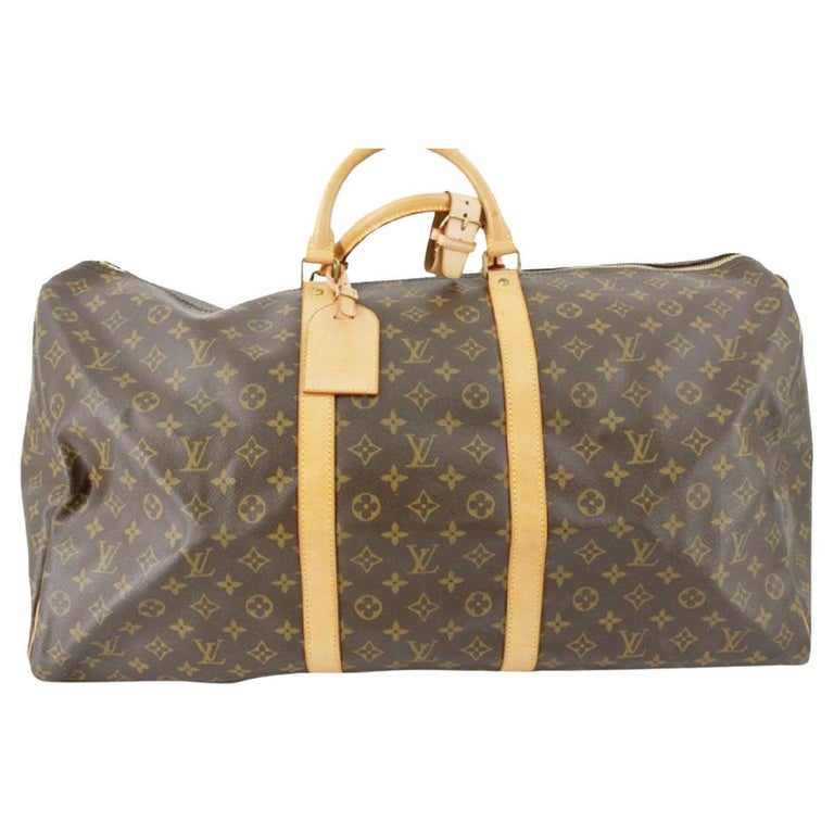 Louis Vuitton Brown Monogram Canvas Leather Keepall 60 cm Duffle Bag Luggage For Sale