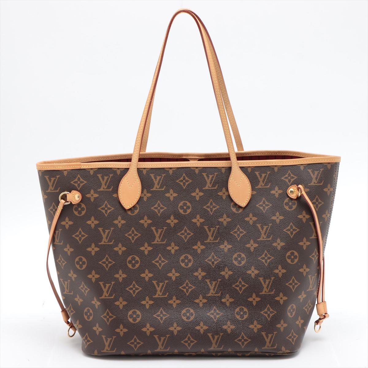 Brown and tan monogram coated canvas Louis Vuitton Neverfull MM with gold-tone hardware, tan vachetta leather trim, red and black printed canvas interior lining, single pocket at interior wall with zip closure, clasp closure at top and drawstring