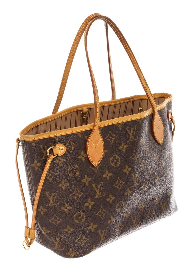 Brown and tan monogram coated canvas Louis Vuitton Neverfull PM with gold-tone hardware, tan vachetta leather accents, dual flat top handles, tan and brown striped canvas lining, single zip pocket at interior wall and clasp closure at top.

