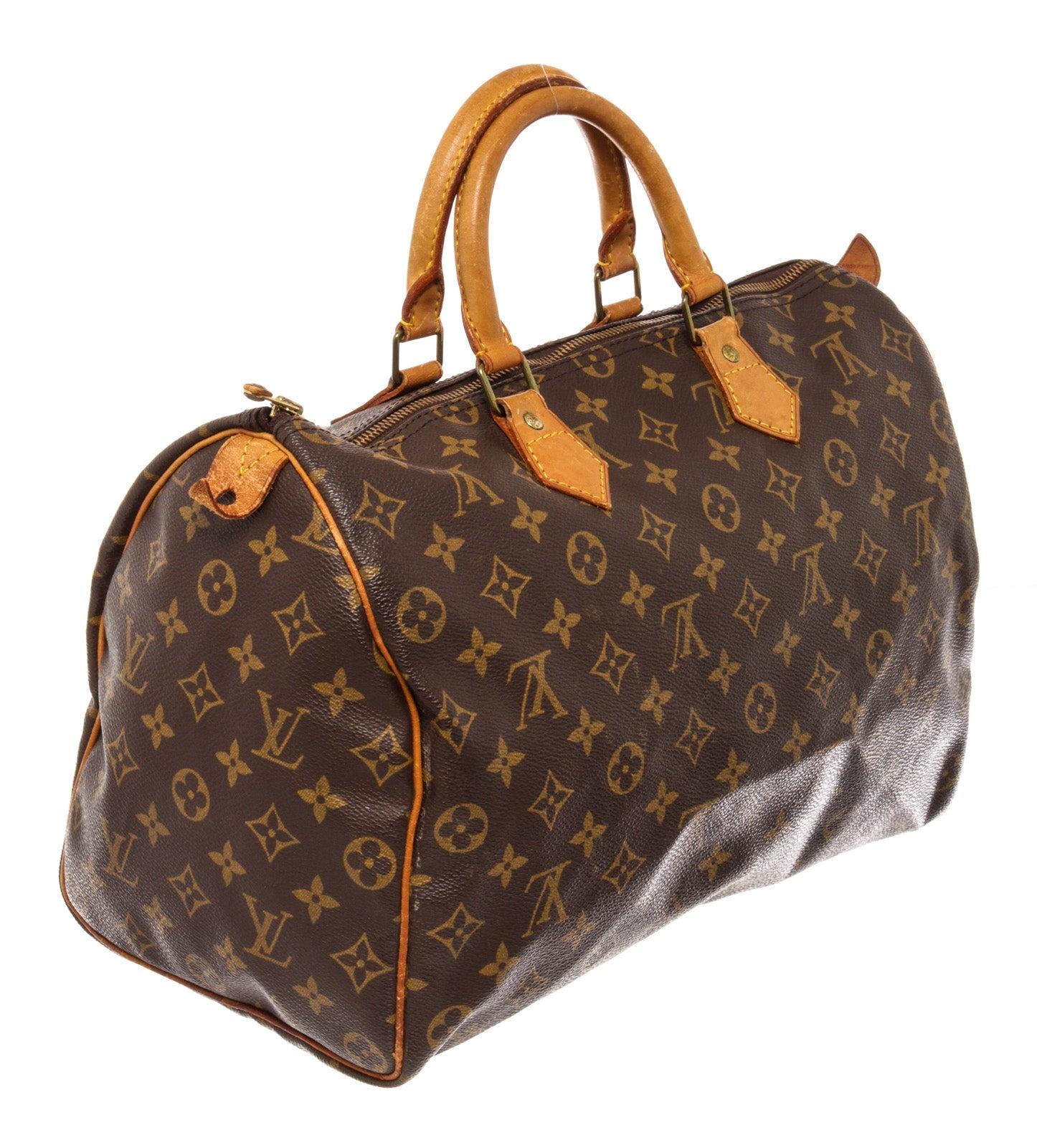 Louis Vuitton Brown Monogram Canvas Leather Speedy 35 cm Bag In Good Condition In Irvine, CA