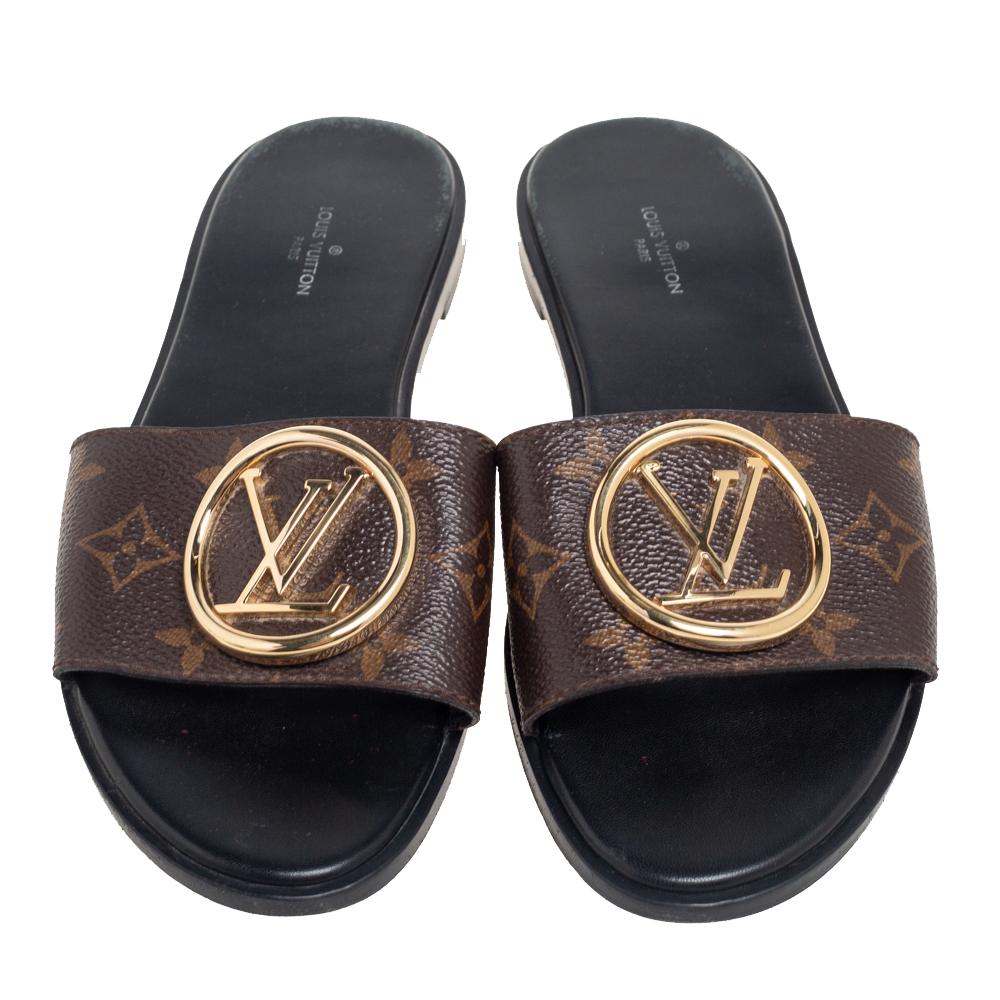 Black Louis Vuitton Brown Monogram Canvas Lock It Flat Slides Size 38