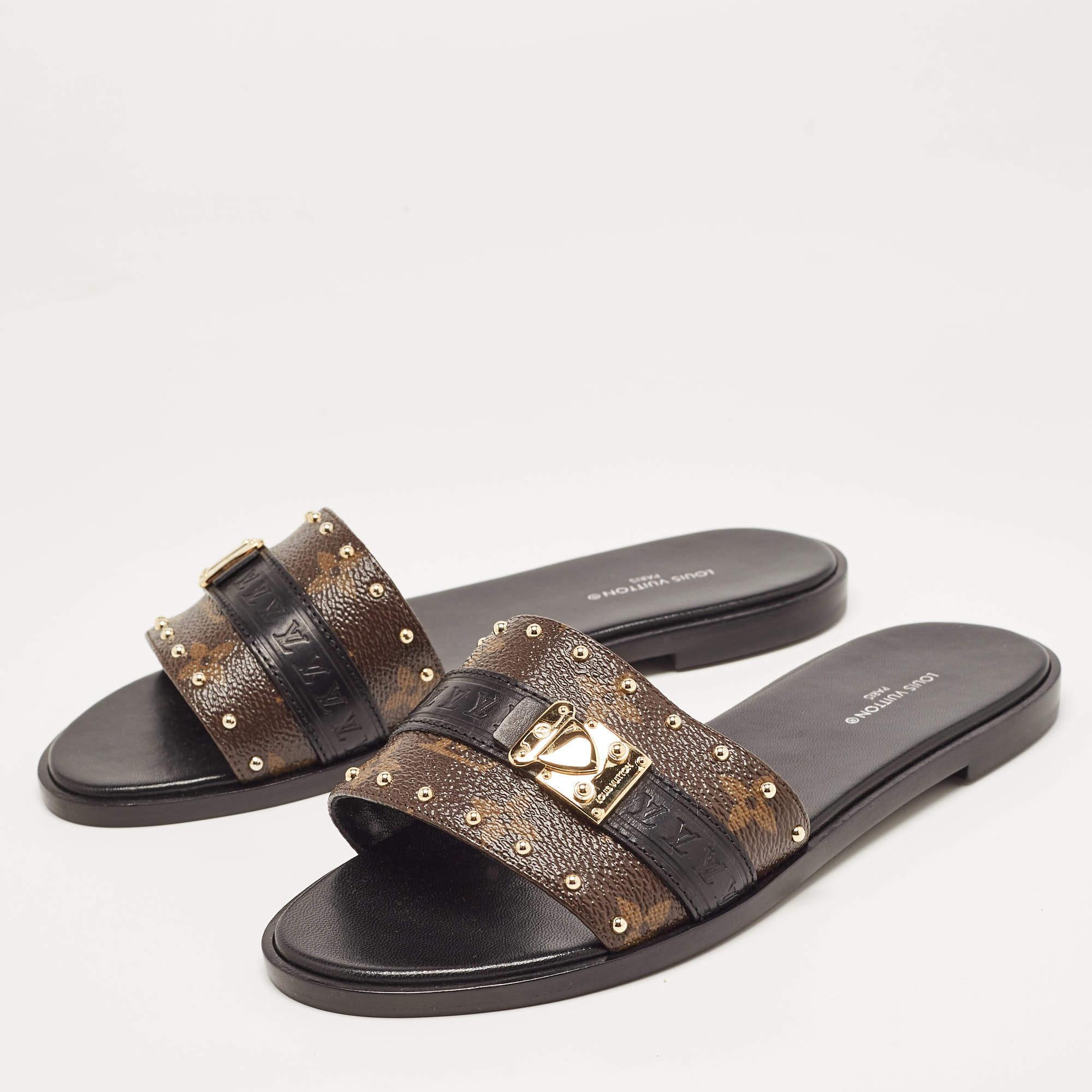 Women's Louis Vuitton Brown Monogram Canvas Lock It Flat Slides Size36