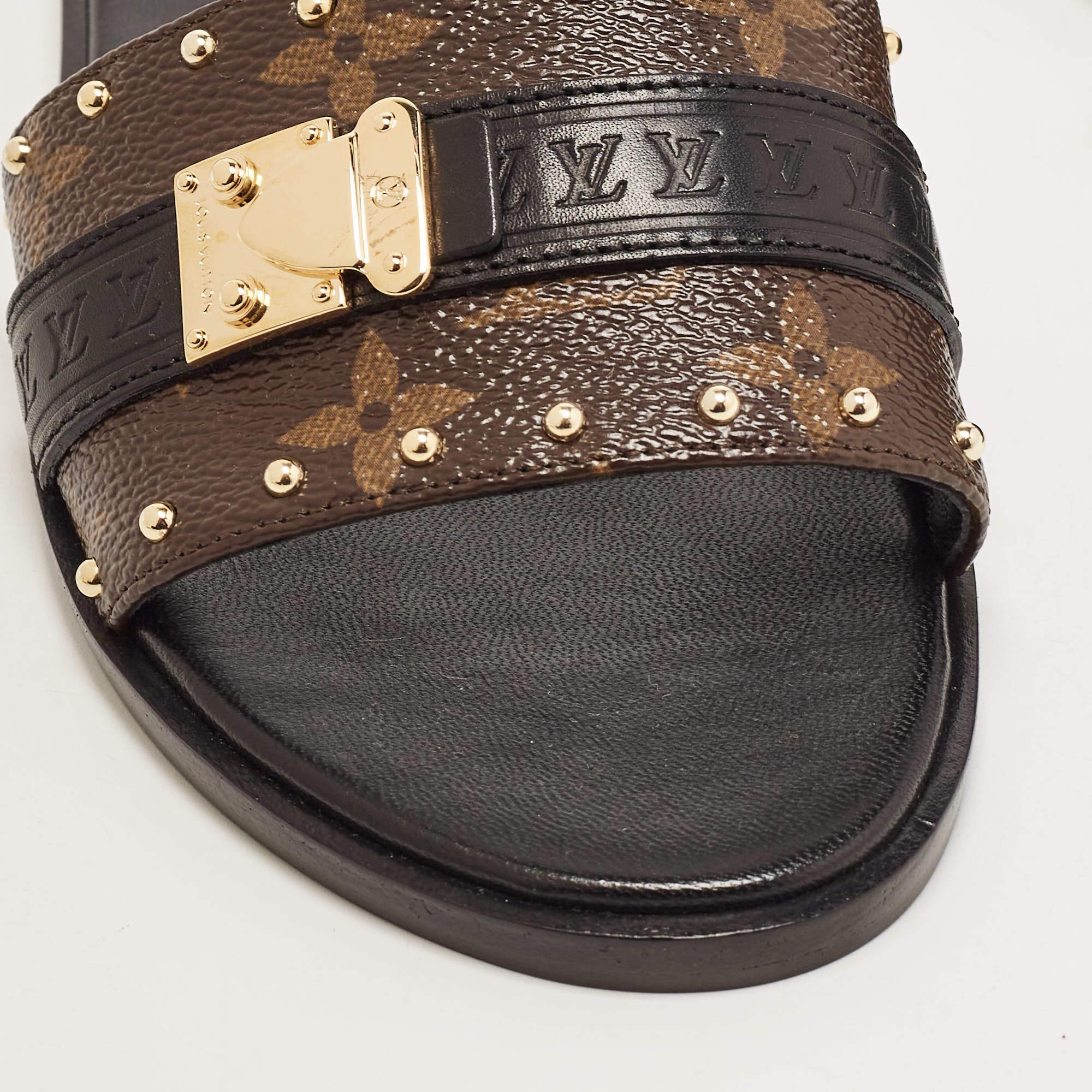 Louis Vuitton Brown Monogram Canvas Lock It Flat Slides Size36 4