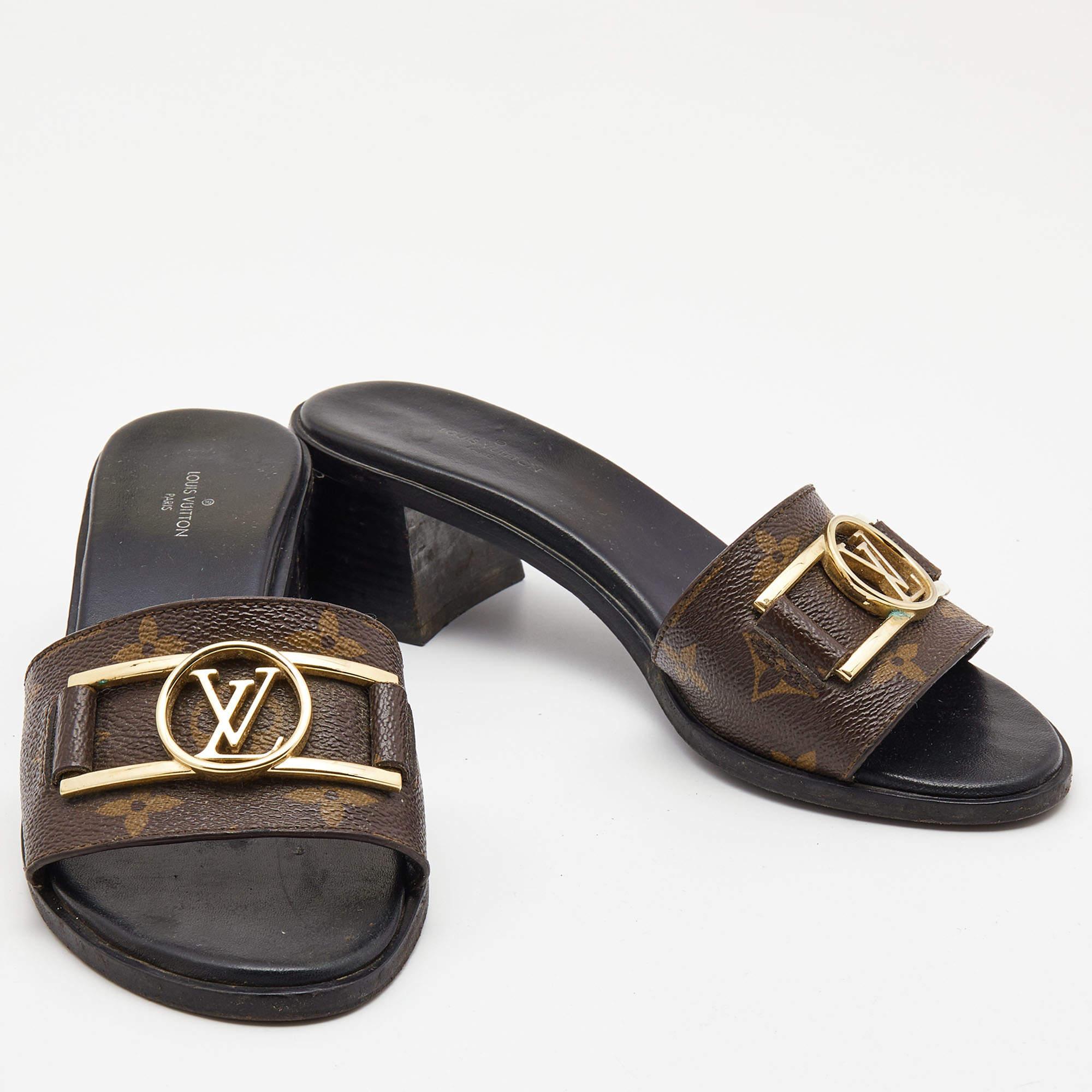 Louis Vuitton Brown Monogram Canvas Lock It Sandals Size 37 In Good Condition In Dubai, Al Qouz 2
