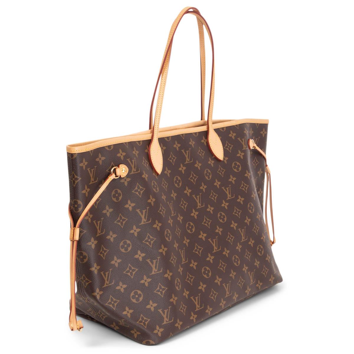 100% authentic Louis Vuitton Neverfull GM tote made from brown and camel supple Monogram canvas with natural cowhide trim. Side laces that cinch, slim and comfortable handles. Closes with a hook closure and is lined in beige striped canvas with one