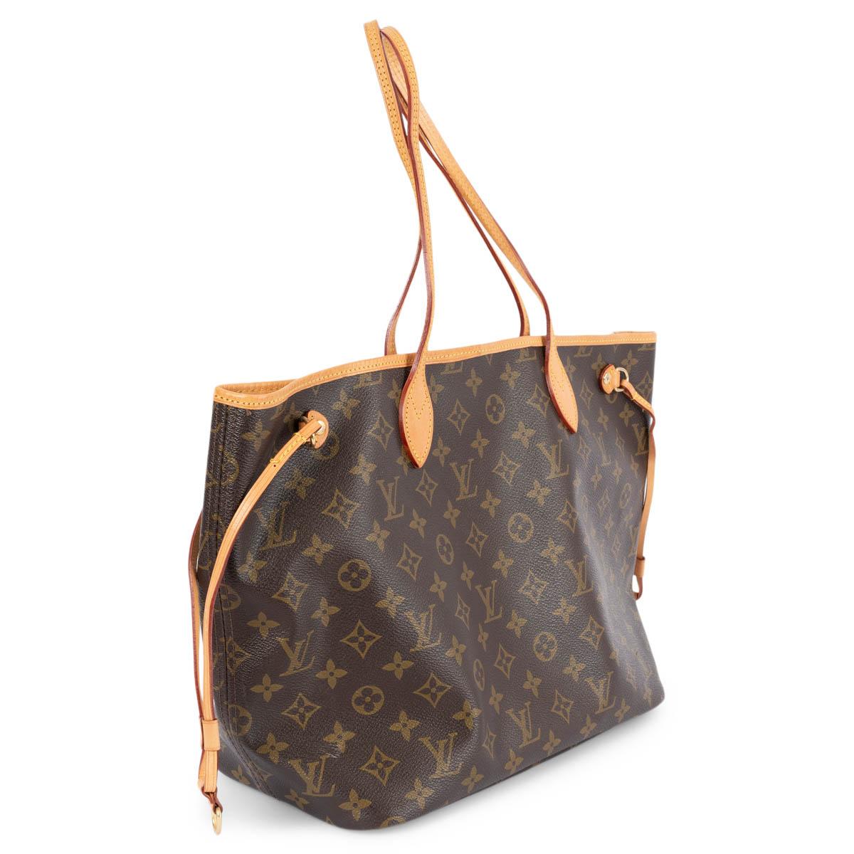 100% authentic Louis Vuitton Nerverfull MM shopper in brown monogram canvas with natural leather trim. Lined in beige striped canvas with one zipper pocket against the back. Has been carried and shows some soft marks on the lining. Pouch is missing.