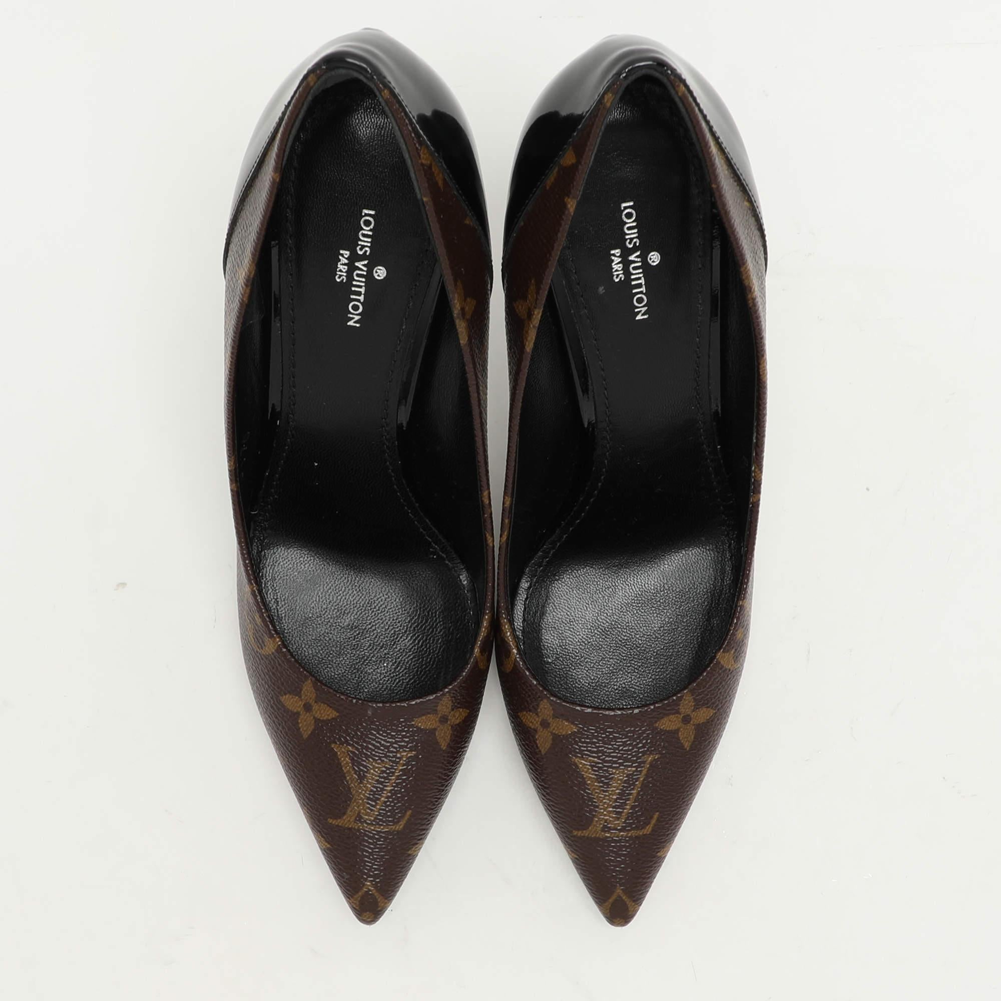Black Louis Vuitton Brown Monogram Canvas Patent Leather Chérie Pumps Size 37 For Sale