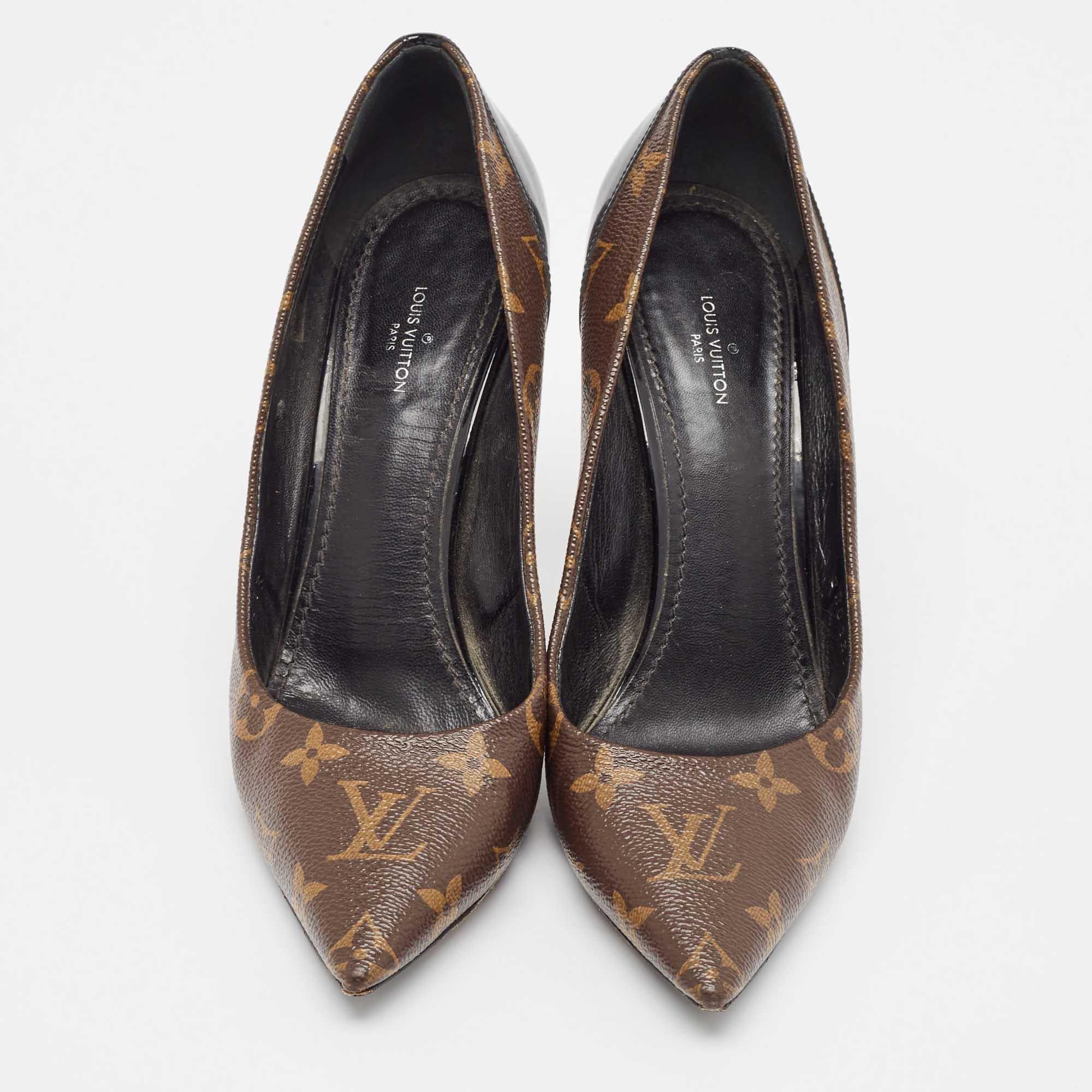 Black Louis Vuitton Brown Monogram Canvas & Patent Leather Chérie Pumps Size 39