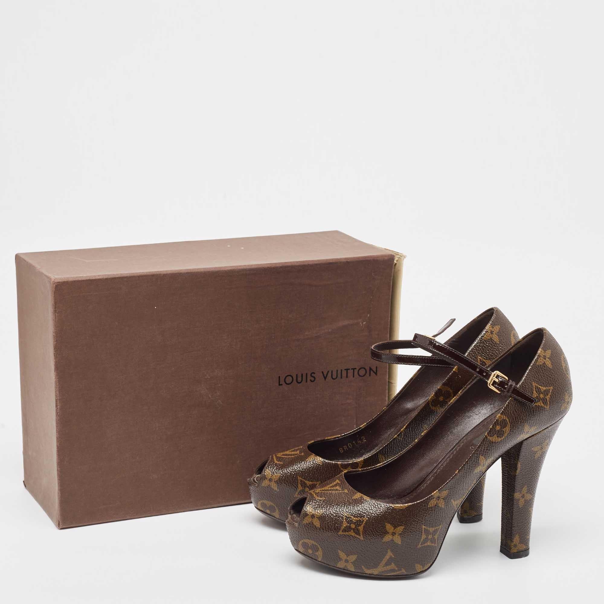 Louis Vuitton Brown Monogram Canvas Peep Toe Mary Jane Pumps Size 37 6