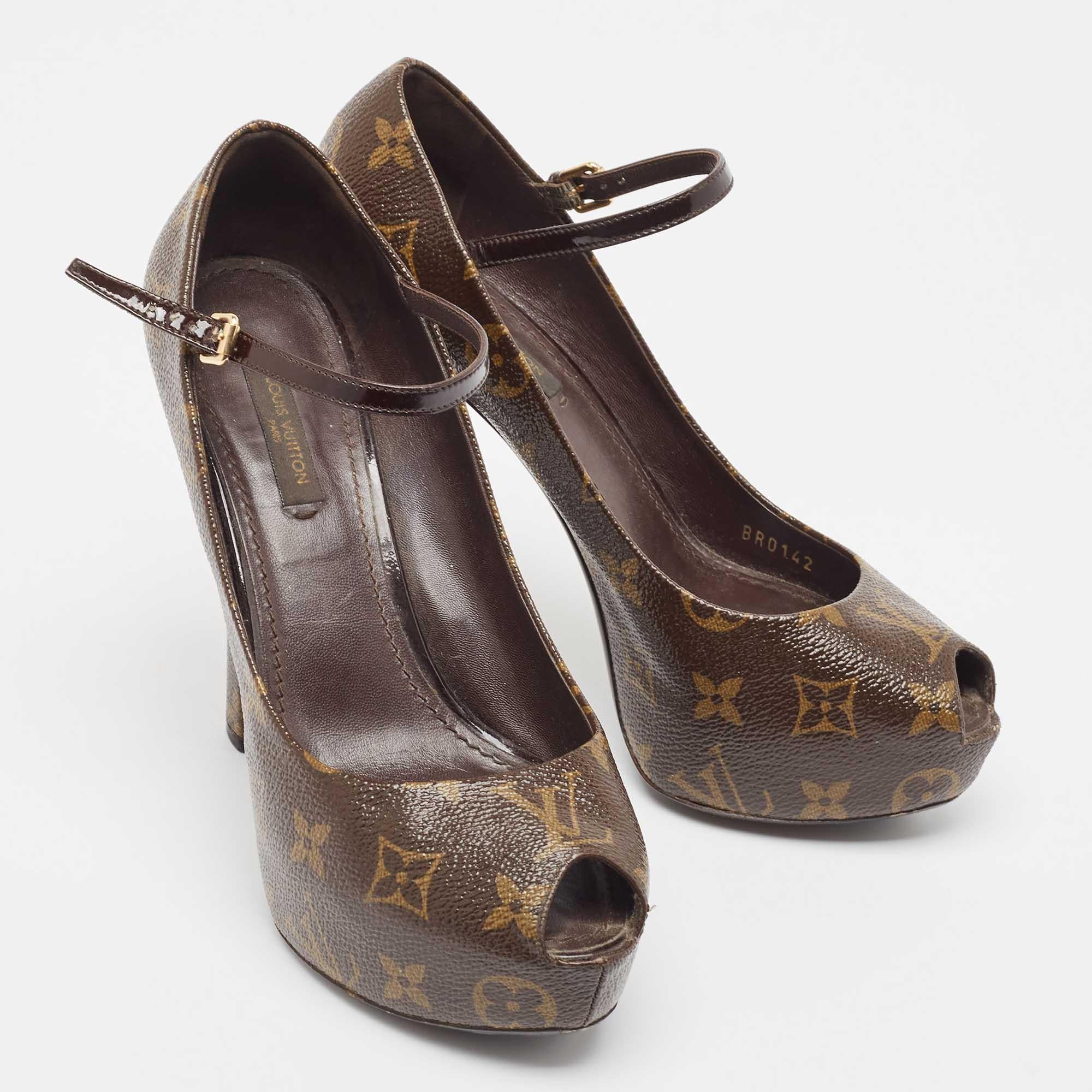 Women's Louis Vuitton Brown Monogram Canvas Peep Toe Mary Jane Pumps Size 37