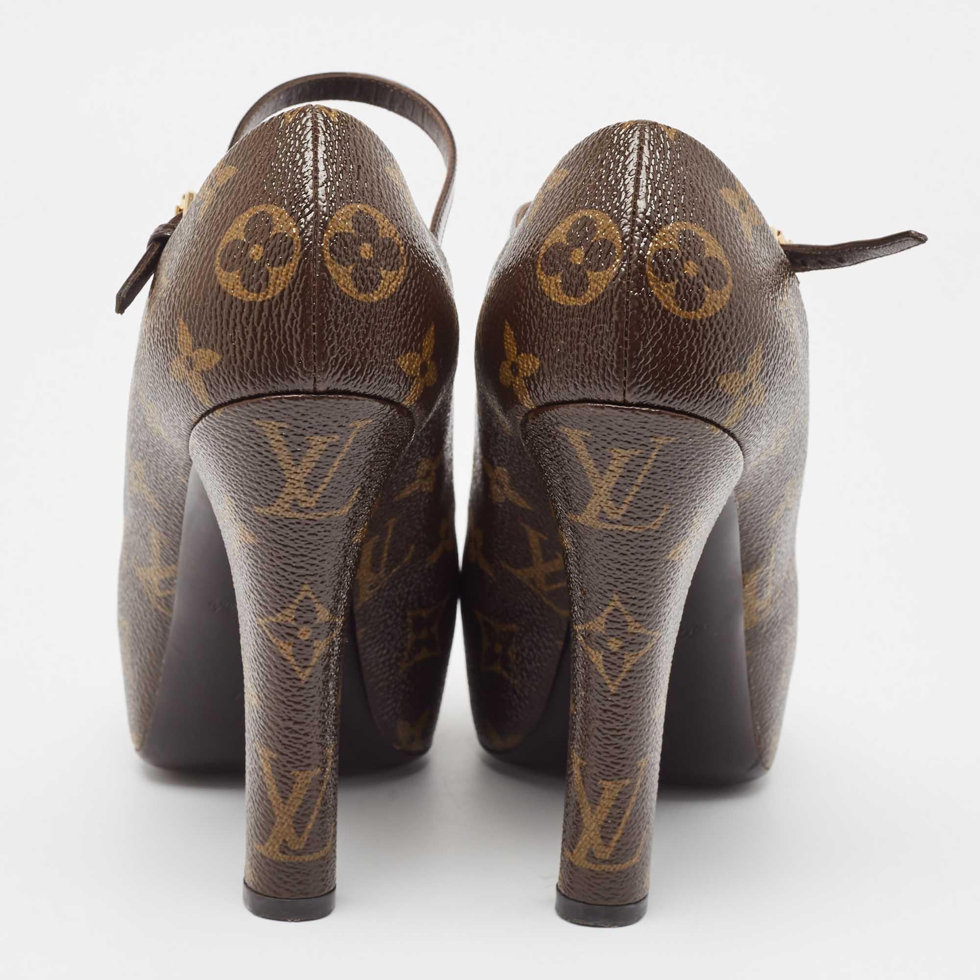 Louis Vuitton Brown Monogram Canvas Peep Toe Mary Jane Pumps Size 37 1
