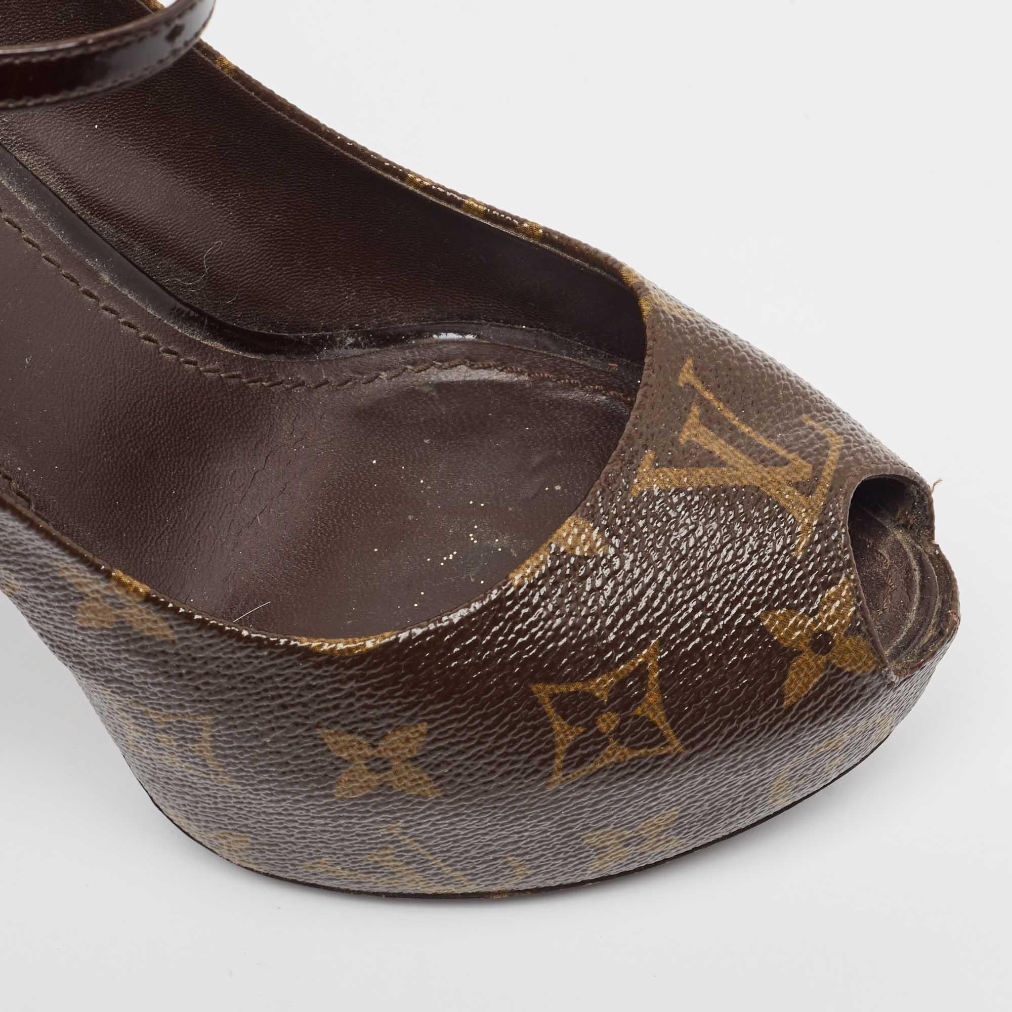 Louis Vuitton Brown Monogram Canvas Peep Toe Mary Jane Pumps Size 37 3