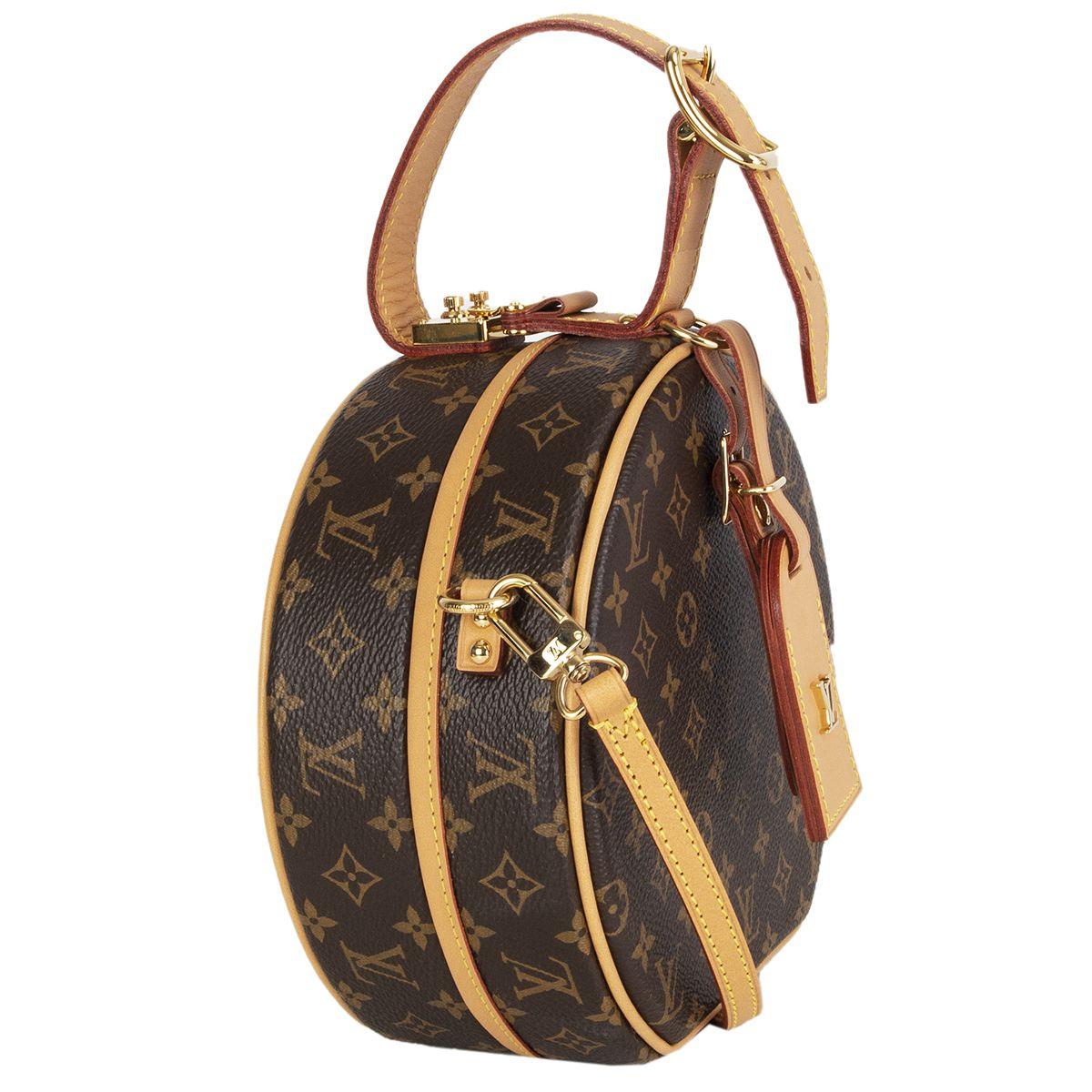 Louis Vuitton 'Petite Boîte Chapeau' iconic hatbox is reimagined as an adorable day-to-evening bag. Small yet practical, this exclusive piece comes in classic coated Monogram canvas with cowhide trim. Lined in cream lambskin with one open pocket