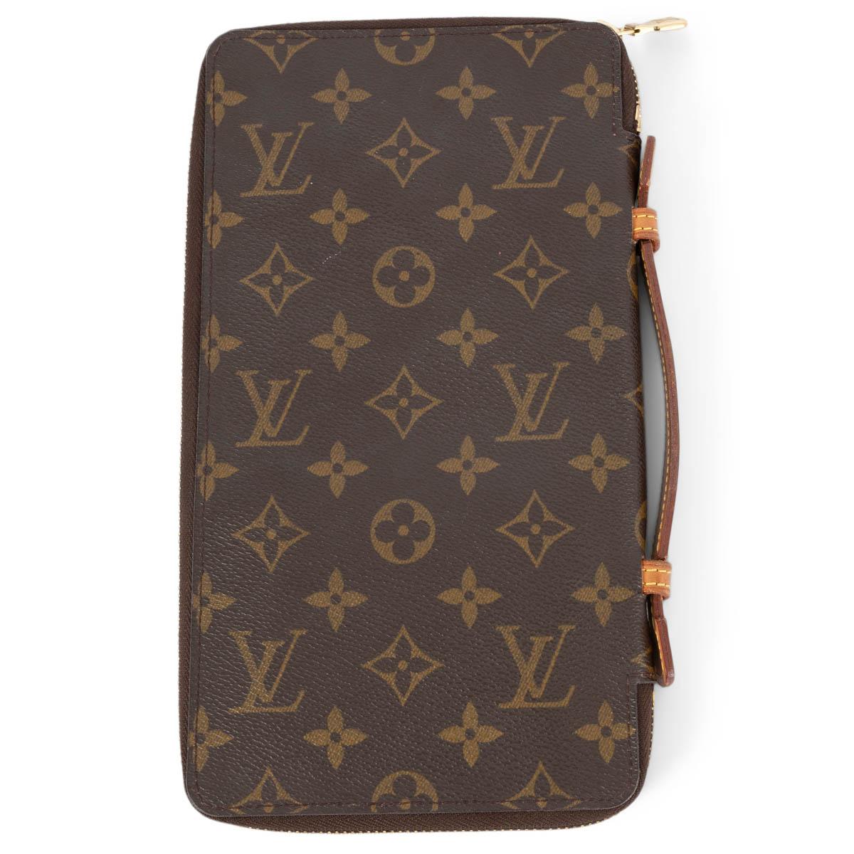 100% authentic Louis Vuitton Poche Escapade zip-around travel wallet in Ebene brown Monogram canvas. Features a natural leather handle. Lined in brown leather with boarding card holder and full-size open pocket on the left, a pen holder in the