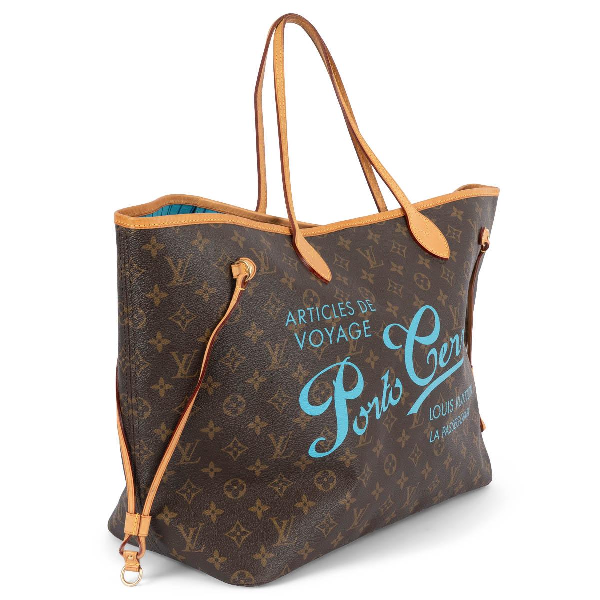 100% authentique Louis Vuitton Neverfull GM shopper en canavas Monogram marron avec bordures en cuir naturel et imprimé Porto Cervo bleu turquoise. Edition limitée à 500 pièces. Doublé de toile rayée avec une poche ouverte au dos. Il a été porté et