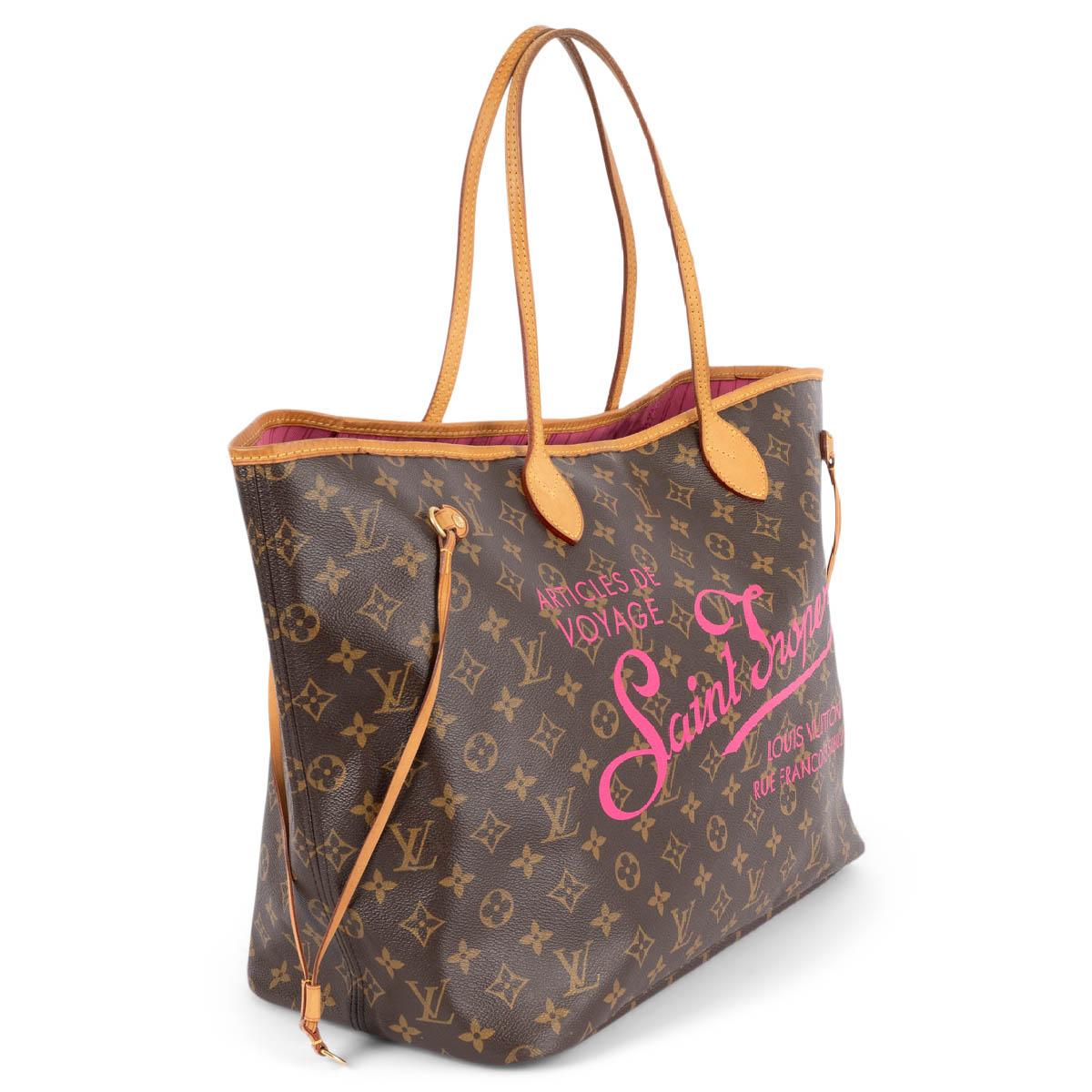 100% authentic Louis Vuitton Neverfull GM shopper in brown Monogram canvas with natural leather trims and pink Saint Tropez print. Limited edition of 500 pieces. Lined in striped canvas with an open pocket against the back. Has been carried and some