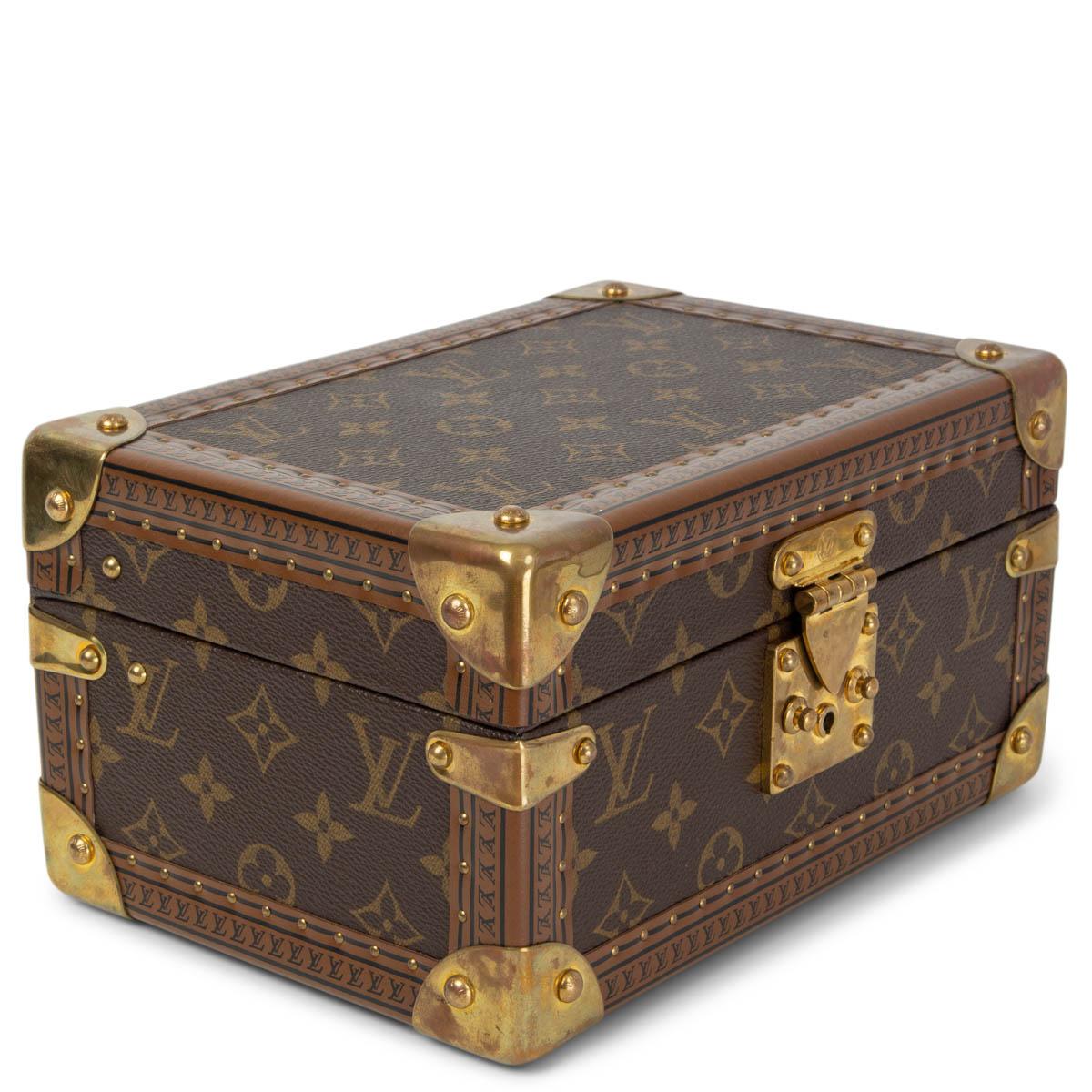 100% authentic Louis Vuitton Tresor Jewelry Box in classic brown and olive green coated monogram canvas and with hand-finished brass details. Opens with a trunk lock and key. Lined in beige alcantara and divided in two compartments. Has been carried