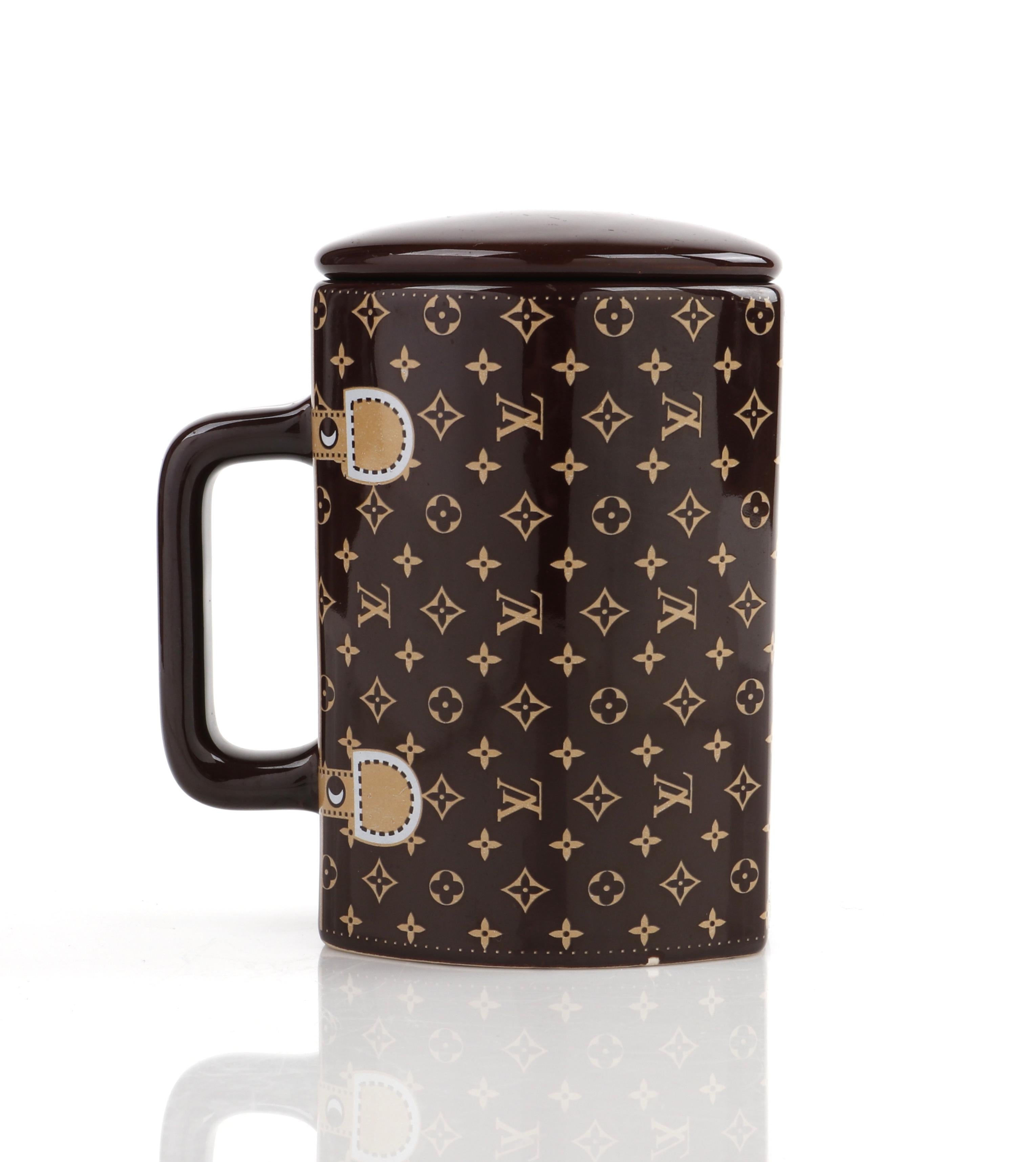 Black LOUIS VUITTON Brown Monogram Ceramic Coffee Tea Cup Mug RARE 