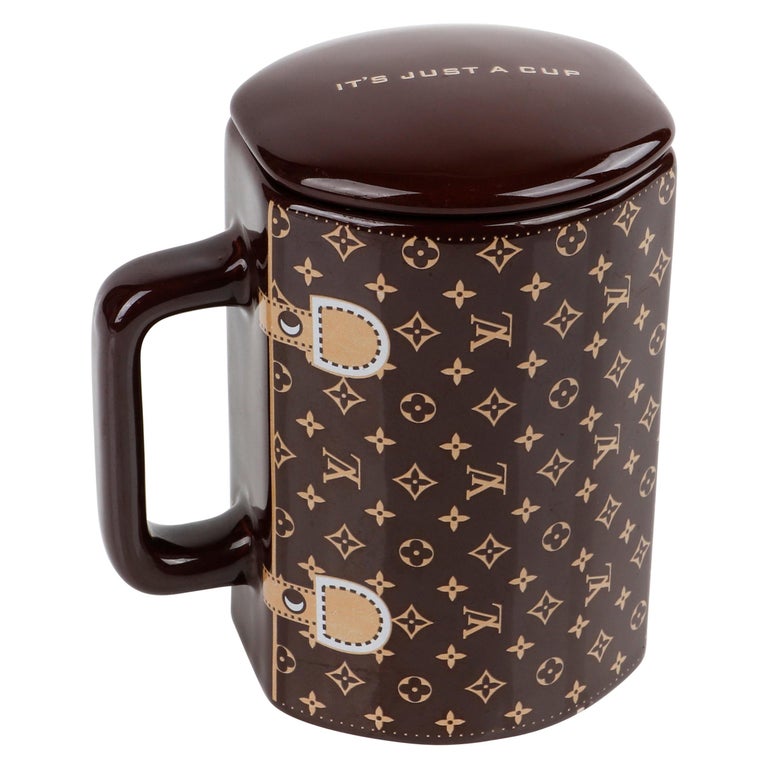 LOUIS VUITTON Brown Monogram Ceramic Coffee Tea Cup Mug RARE