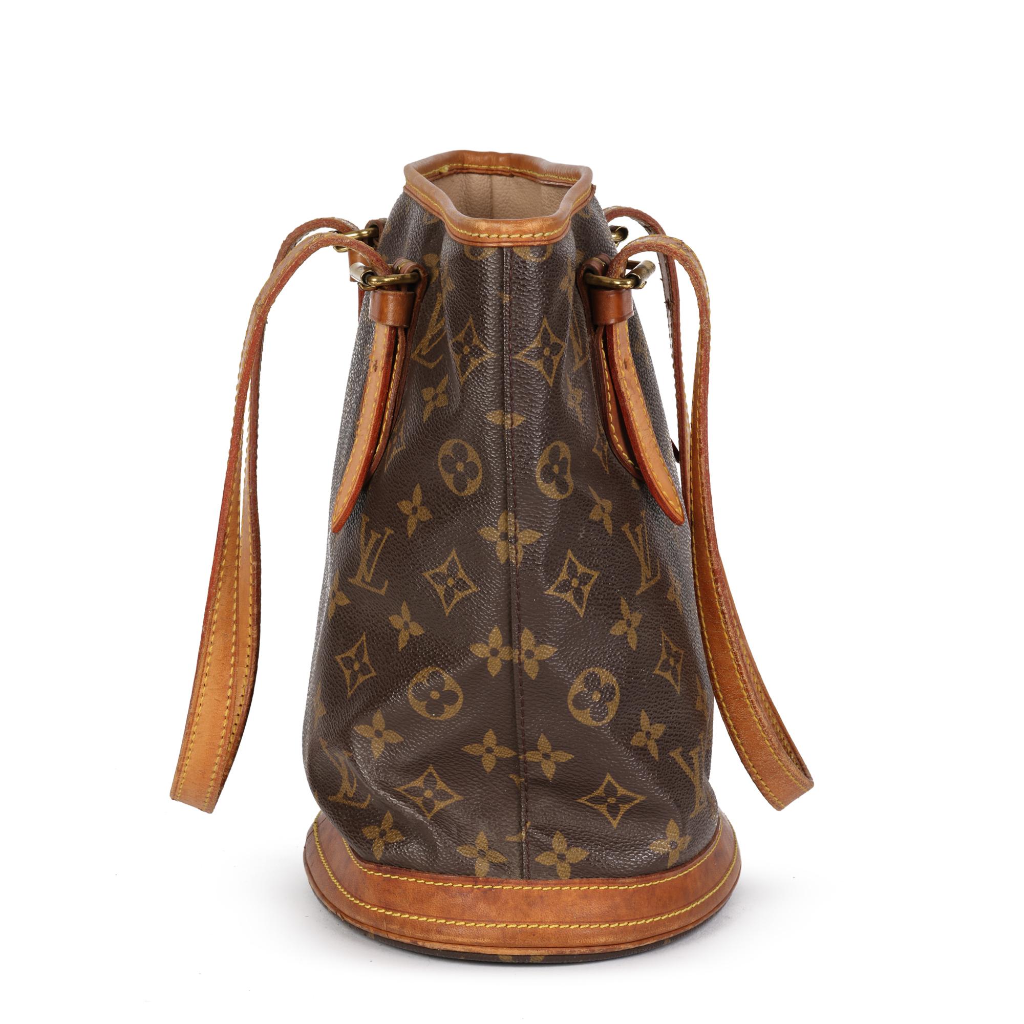 LOUIS VUITTON Brown Monogram Coated Canvas & Leather Bucket Bag PM with Pouch In Good Condition In Bishop's Stortford, Hertfordshire