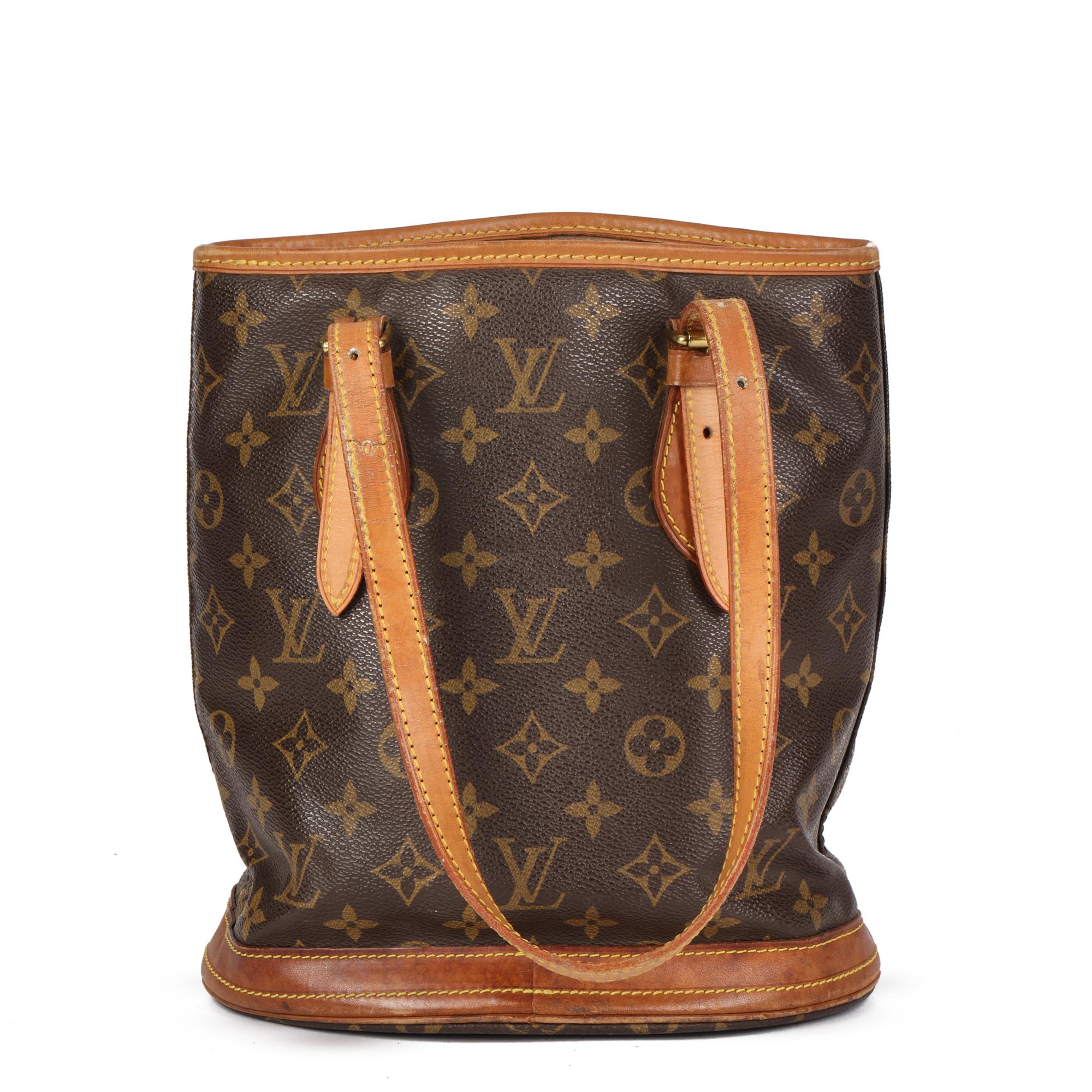 Women's LOUIS VUITTON Brown Monogram Coated Canvas & Leather Bucket Bag PM with Pouch