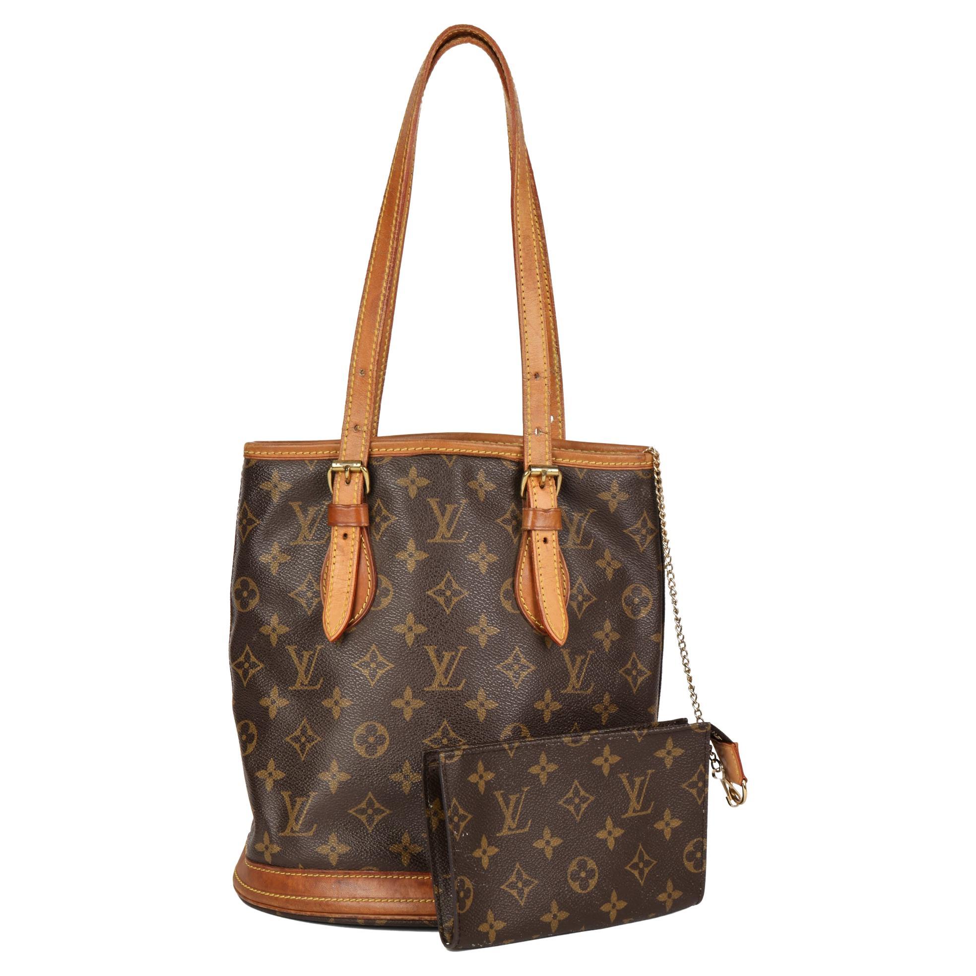 LOUIS VUITTON Brown Monogram Coated Canvas & Leather Bucket Bag PM with Pouch