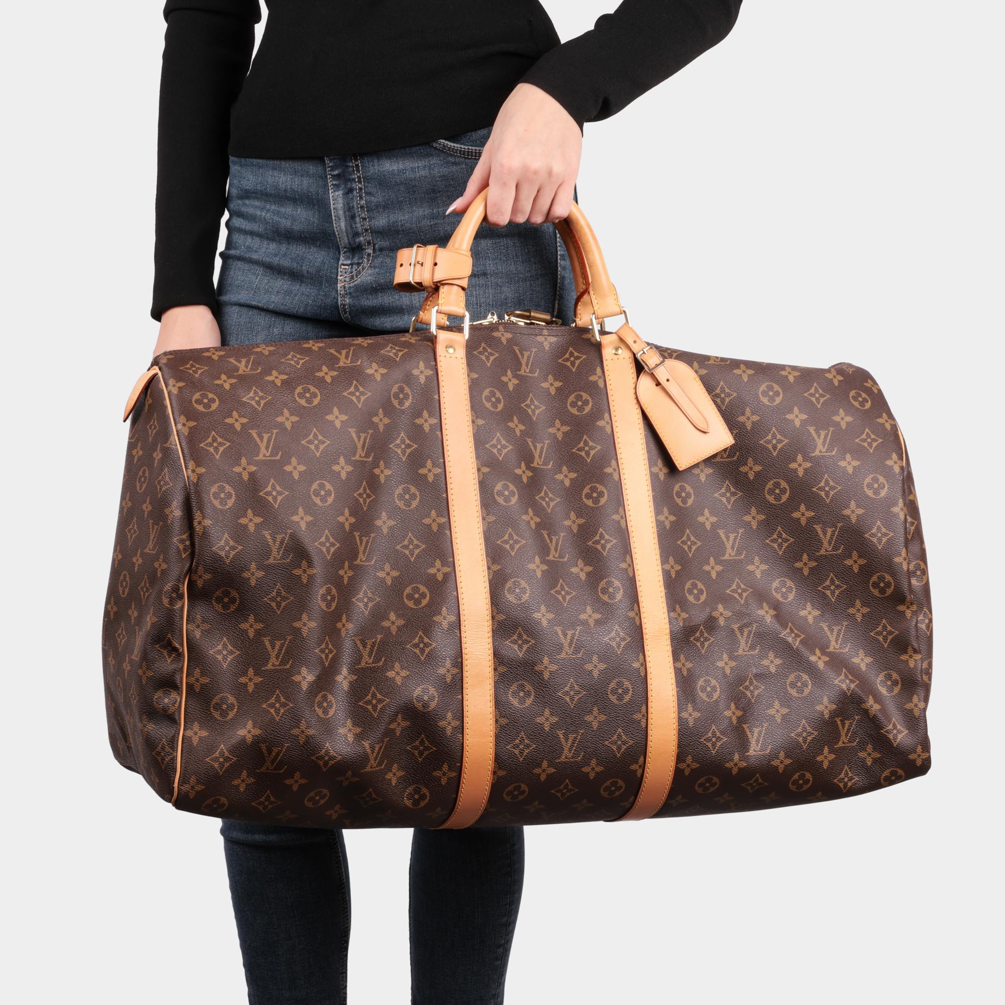 LOUIS VUITTON Brown Monogram Coated Canvas & Vachetta Leather Keepall Vintage 60 For Sale 5