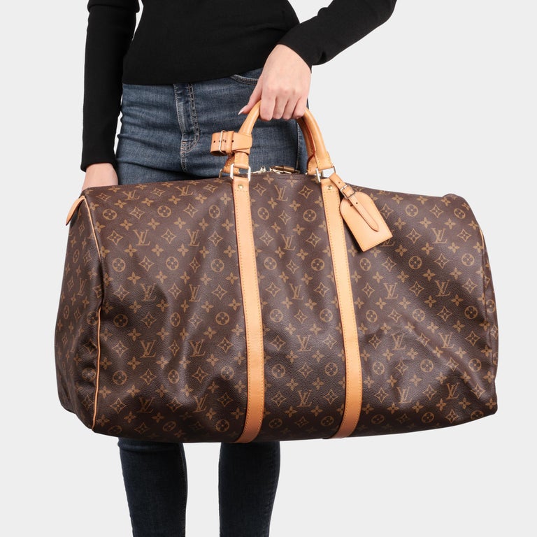LOUIS VUITTON Brown Monogram Coated Canvas and Vachetta Leather Vintage Keepall  55 For Sale at 1stDibs
