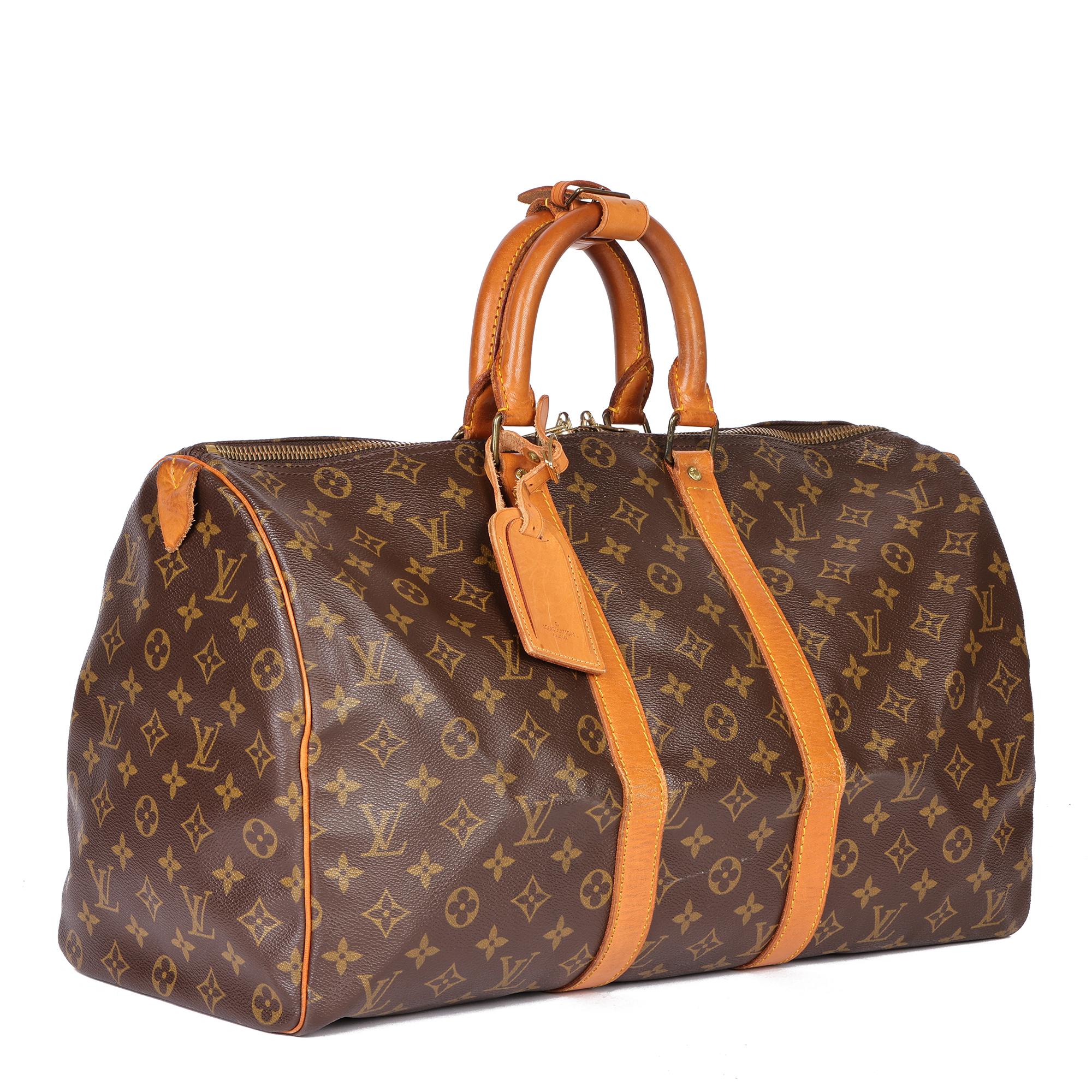 LOUIS VUITTON
Brown Monogram Coated Canvas & Vachetta Leather Vintage Keepall 45

Serial Number: FO893
Age (Circa): 1983
Accompanied By: Luggage Tag, Handle Keeper
Authenticity Details: Date Stamp (Made in France)
Gender: Ladies
Type: