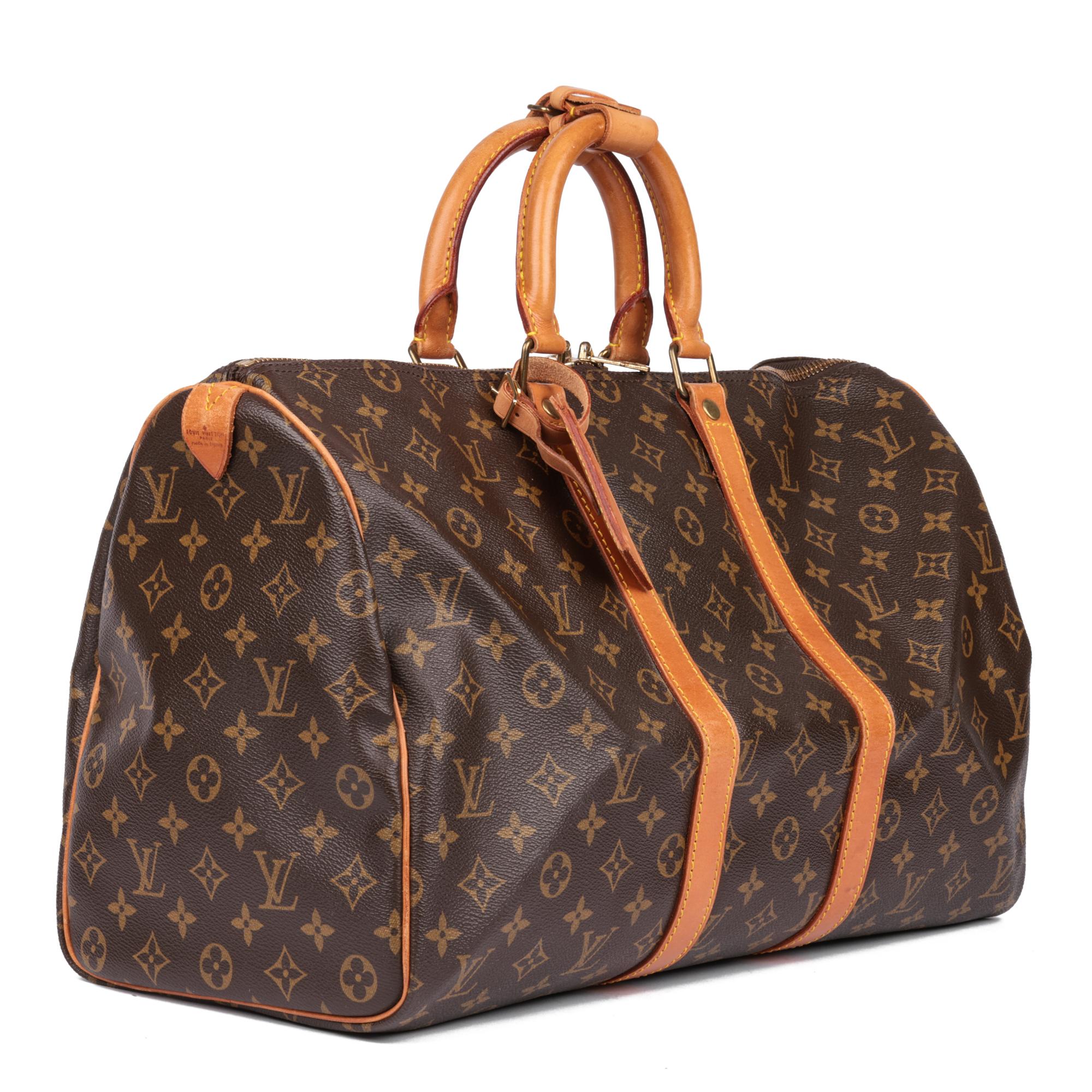 LOUIS VUITTON
Brown Monogram Coated Canvas & Vachetta Leather Vintage Keepall 45

Xupes Reference: HB5110
Serial Number: VI872
Age (Circa): 1987
Accompanied By: Luggage Tag, Handle Keeper
Authenticity Details: Date Stamp (Made in France)
Gender: