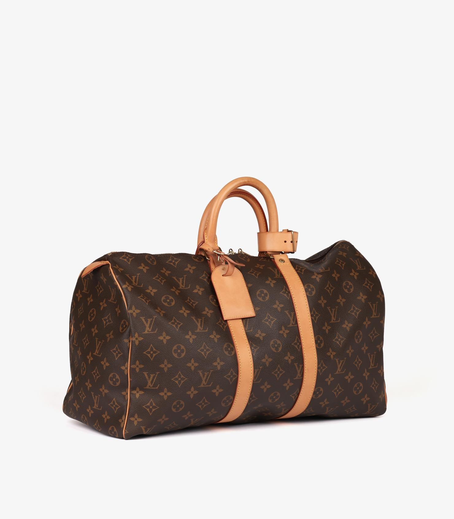Louis Vuitton Monograma Marrón Lona Recubierta y Piel Vachetta Keepall Vintage 45 Negro en venta
