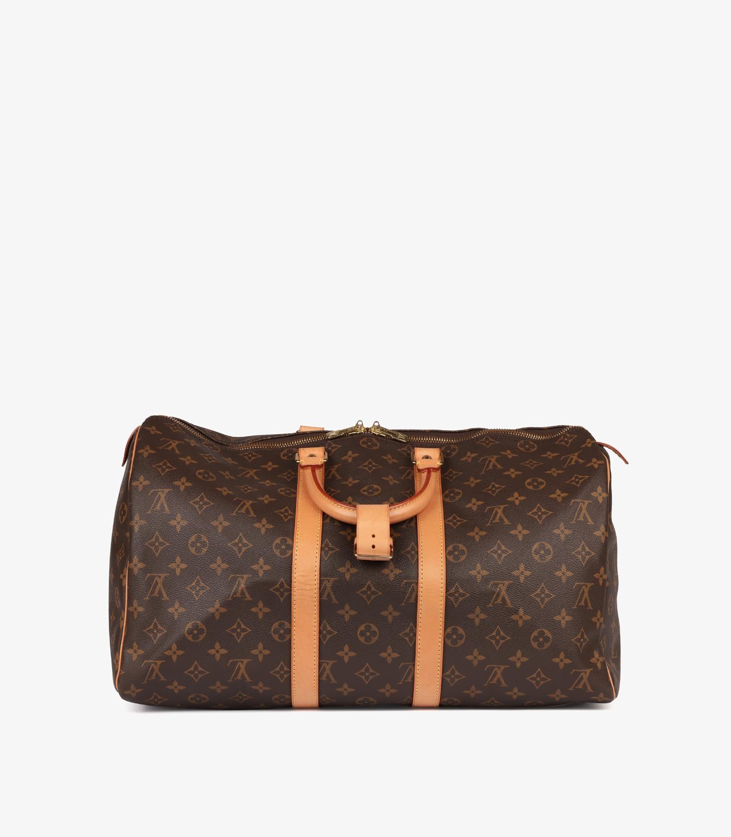 Louis Vuitton Monograma Marrón Lona Recubierta y Piel Vachetta Keepall Vintage 45 en venta 1