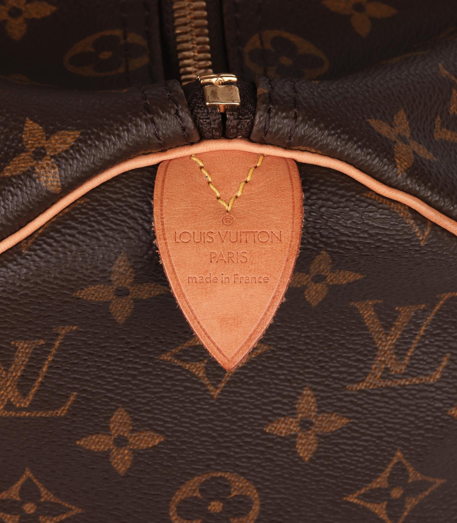 Louis Vuitton Monograma Marrón Lona Recubierta y Piel Vachetta Keepall Vintage 45 en venta 3