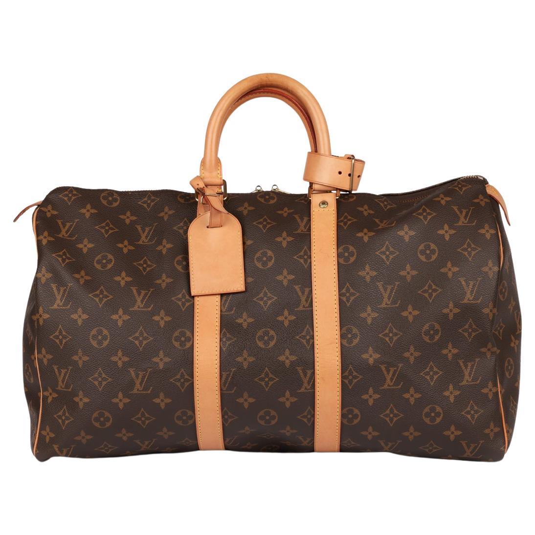 Louis Vuitton Monograma Marrón Lona Recubierta y Piel Vachetta Keepall Vintage 45 en venta