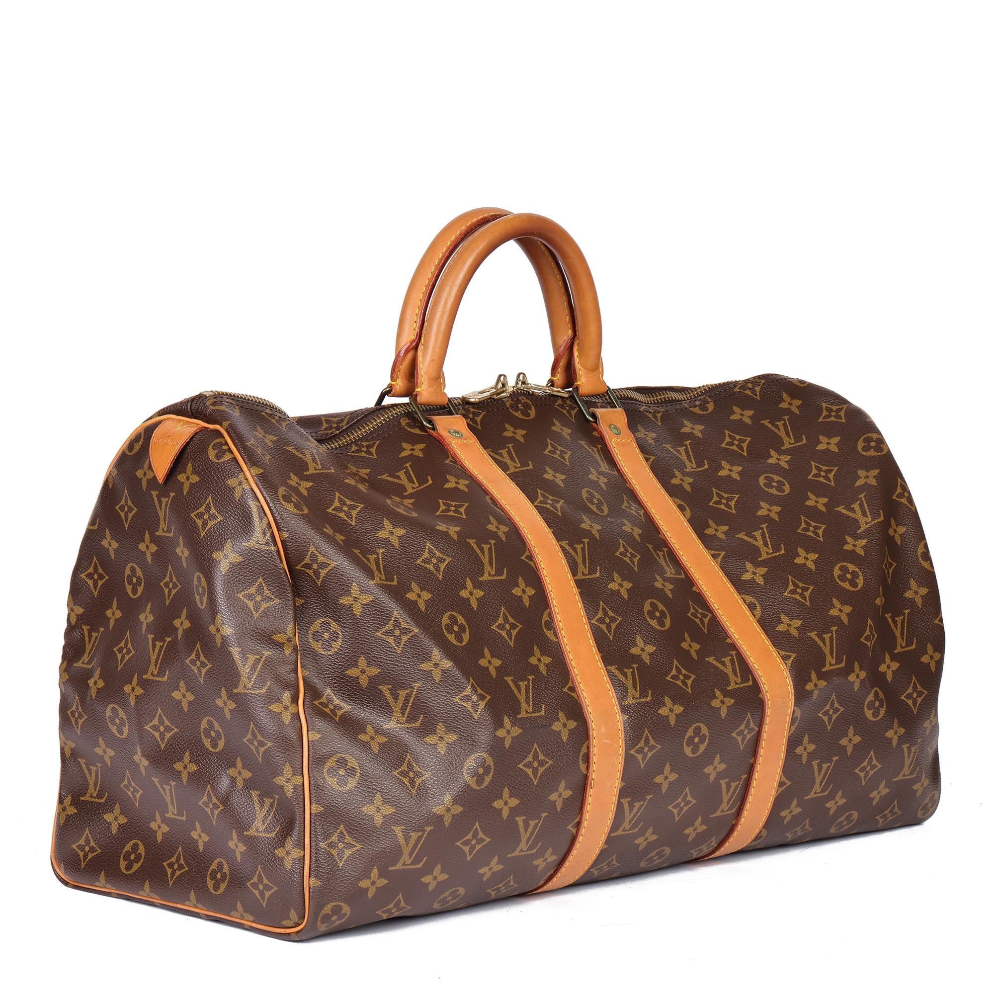 LOUIS VUITTON
Brown Monogram Coated Canvas & Vachetta Leather Vintage Keepall 50 

Serial Number: MB0950
Age (Circa): 1990
Authenticity Details: Date Stamp (Made in France)
Gender: Ladies
Type: Travel

Colour: Brown
Hardware: Golden